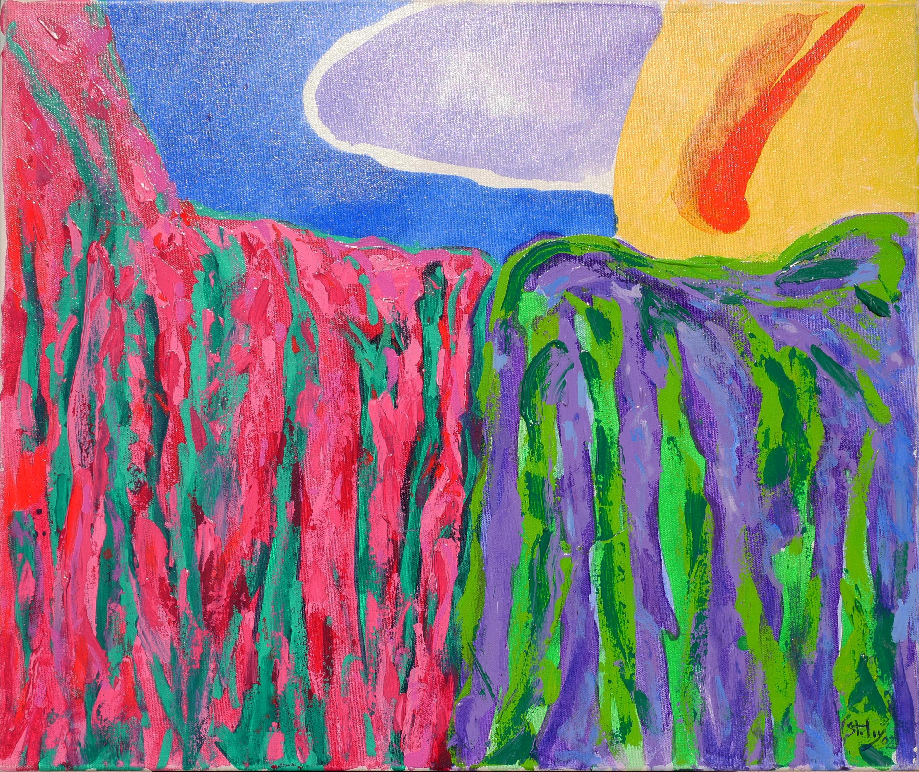 "Canyon" Pink, Green, Purple, Blue and Yellow Abstract Landscape Painting