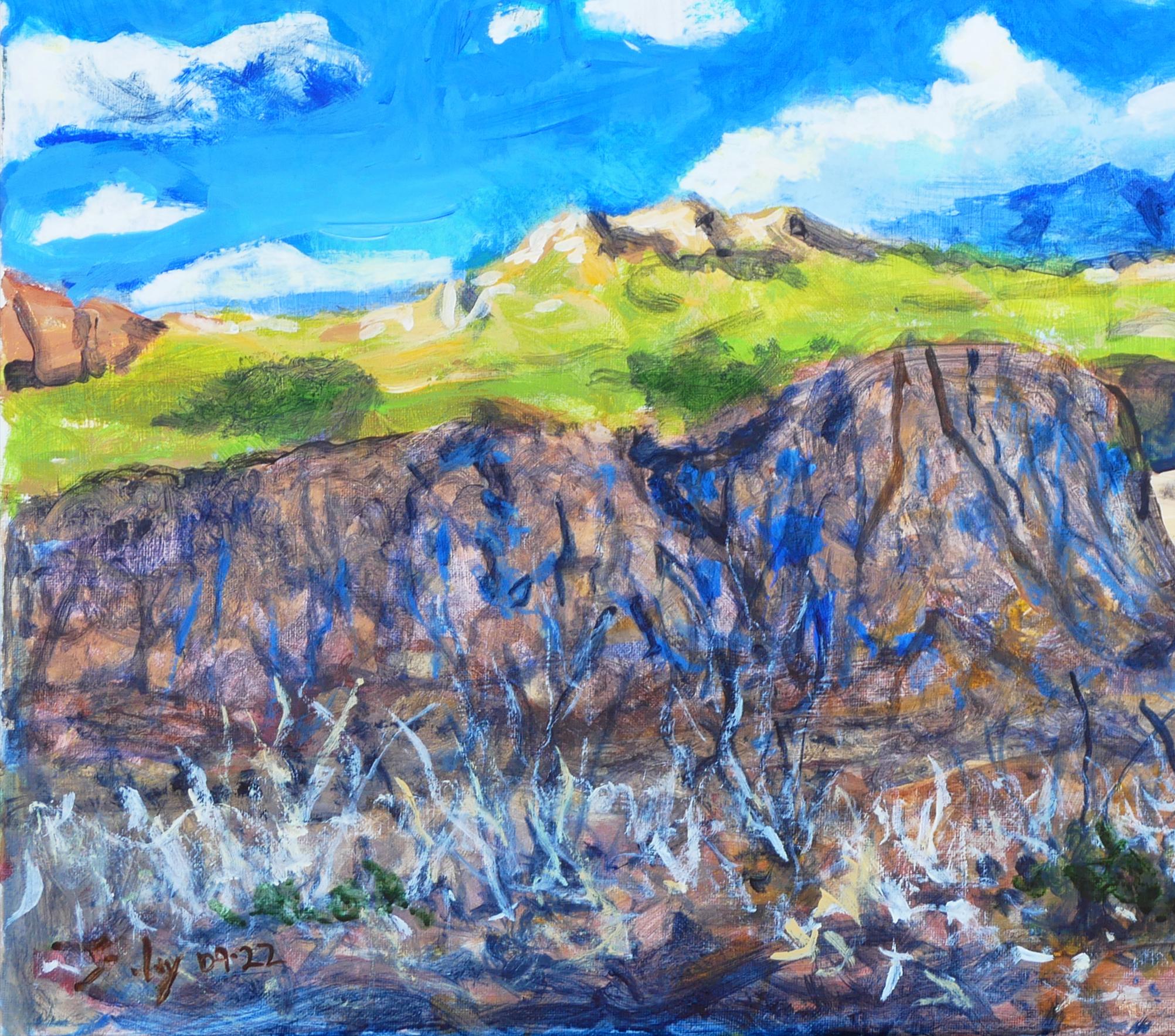 Blue and brown abstract impressionist painting of Houston, TX artist Early Staley. The painting depicts a view of the Chisos mountains at Big Bend National Park, TX. The piece is signed, titled, and dated by the artist at the back. Unframed but
