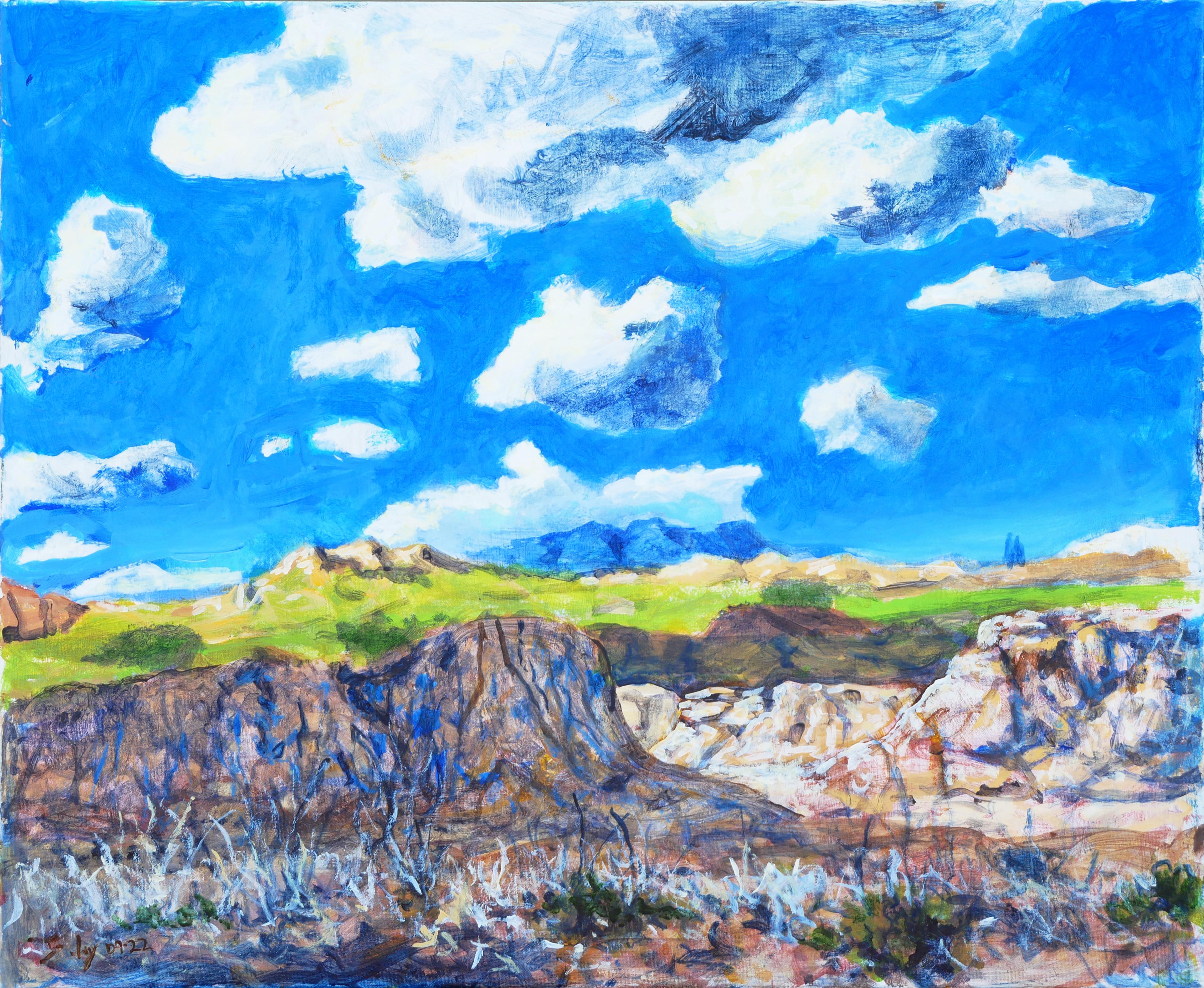 Earl Staley Landscape Painting - "Chisos Mts. From the West Big Bend, TX" Blue-Toned Abstract Southern Landscape