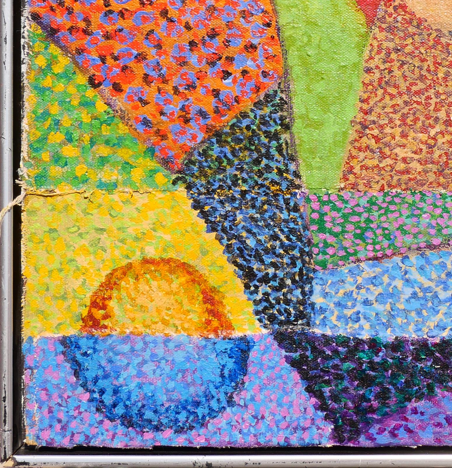 Blue, yellow, red, green, and purple geometric abstract painting by Houston, TX artist Earl Staley. The painting features geometric shapes that resemble a landscape altogether. The colors appear blended through a pointillism technique. Upon looking