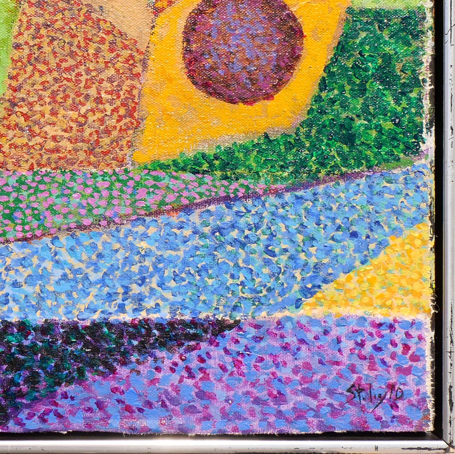 Blue, yellow, red, green, and purple geometric abstract painting by Houston, TX artist Earl Staley. The painting features geometric shapes that resemble a landscape altogether. The colors appear blended through a pointillism technique. Upon looking