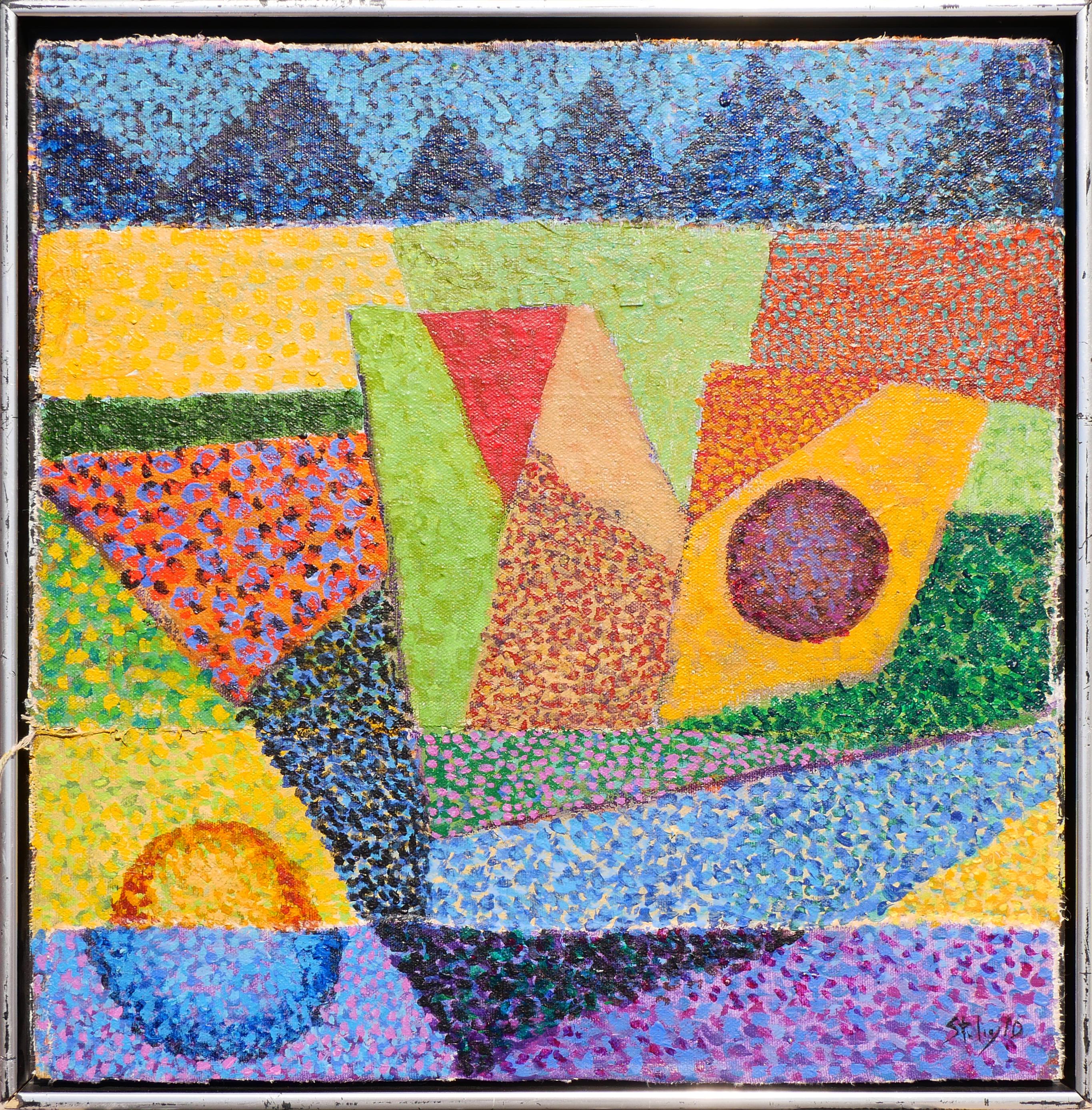 Earl Staley Abstract Painting - "Counter Point" Colorful Geometric Abstract Pointillism Painting