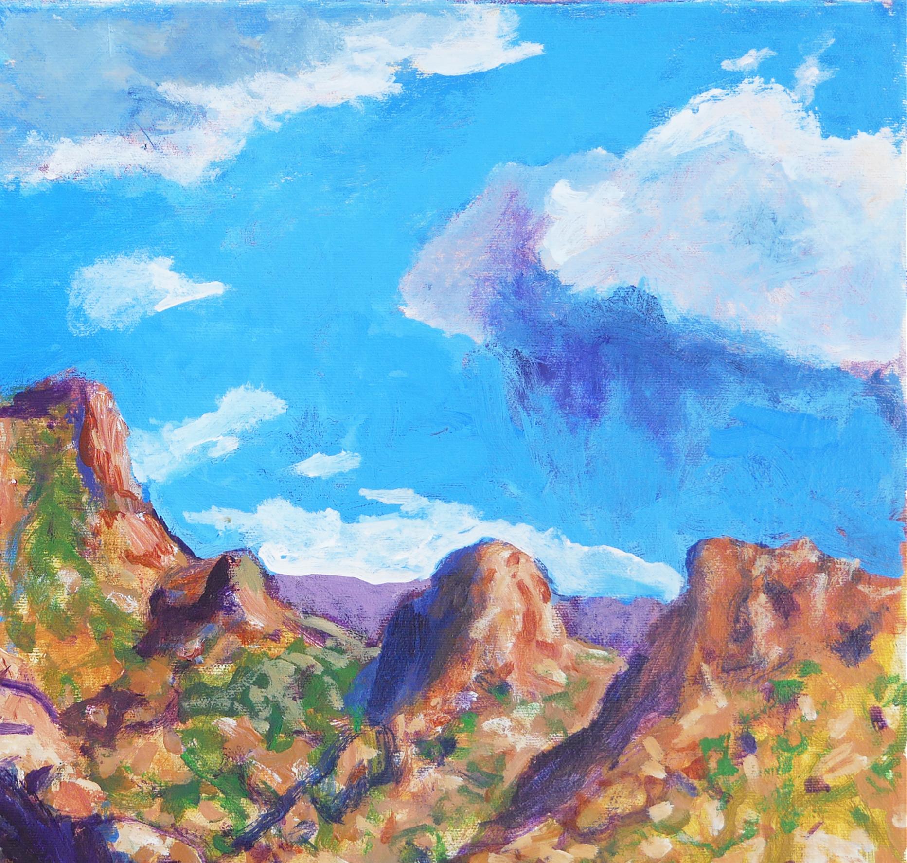 Peinture impressionniste abstraite bleue et brune de l'artiste Early Staley de Houston, TX. La peinture représente une vue des montagnes du parc national de Big Bend, au Texas. L'œuvre est signée, titrée et datée par l'artiste au dos. Non encadré