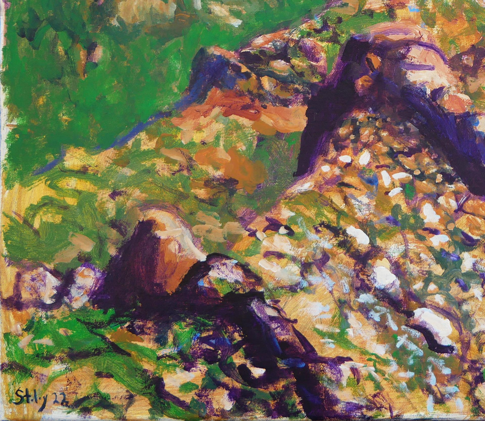 Peinture impressionniste abstraite bleue et brune de l'artiste Early Staley de Houston, TX. La peinture représente une vue des montagnes du parc national de Big Bend, au Texas. L'œuvre est signée, titrée et datée par l'artiste au dos. Non encadré