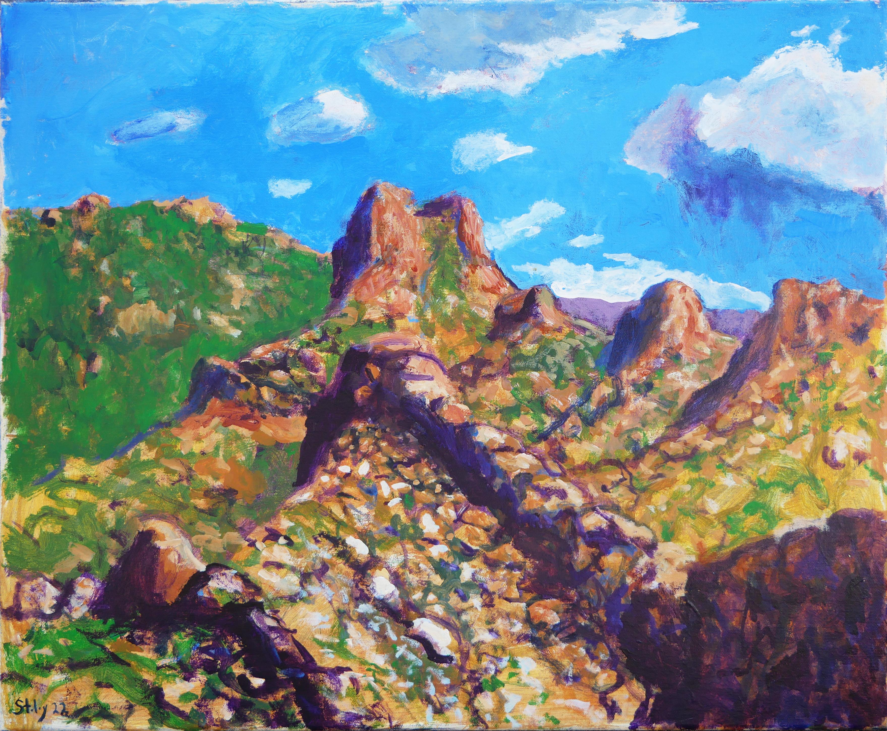 Earl Staley Abstract Painting - "Lava Dikes Big Bend TX" Blue & Brown Abstract Impressionist Southern Landscape