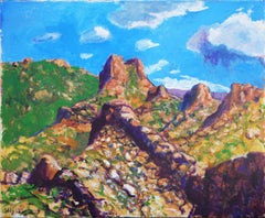 "Lava Dikes Big Bend TX" Blue & Brown Abstract Impressionist Southern Landscape