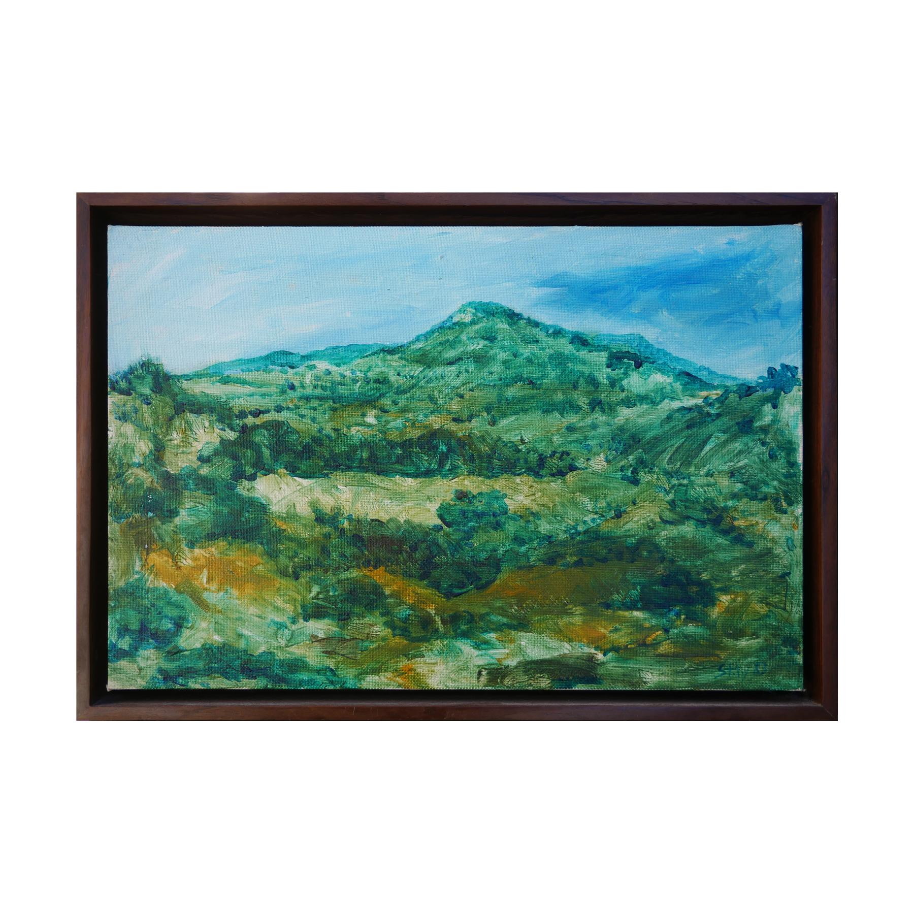 Modernes grünes und blau getöntes abstraktes impressionistisches Berglandschaftsgemälde – Painting von Earl Staley
