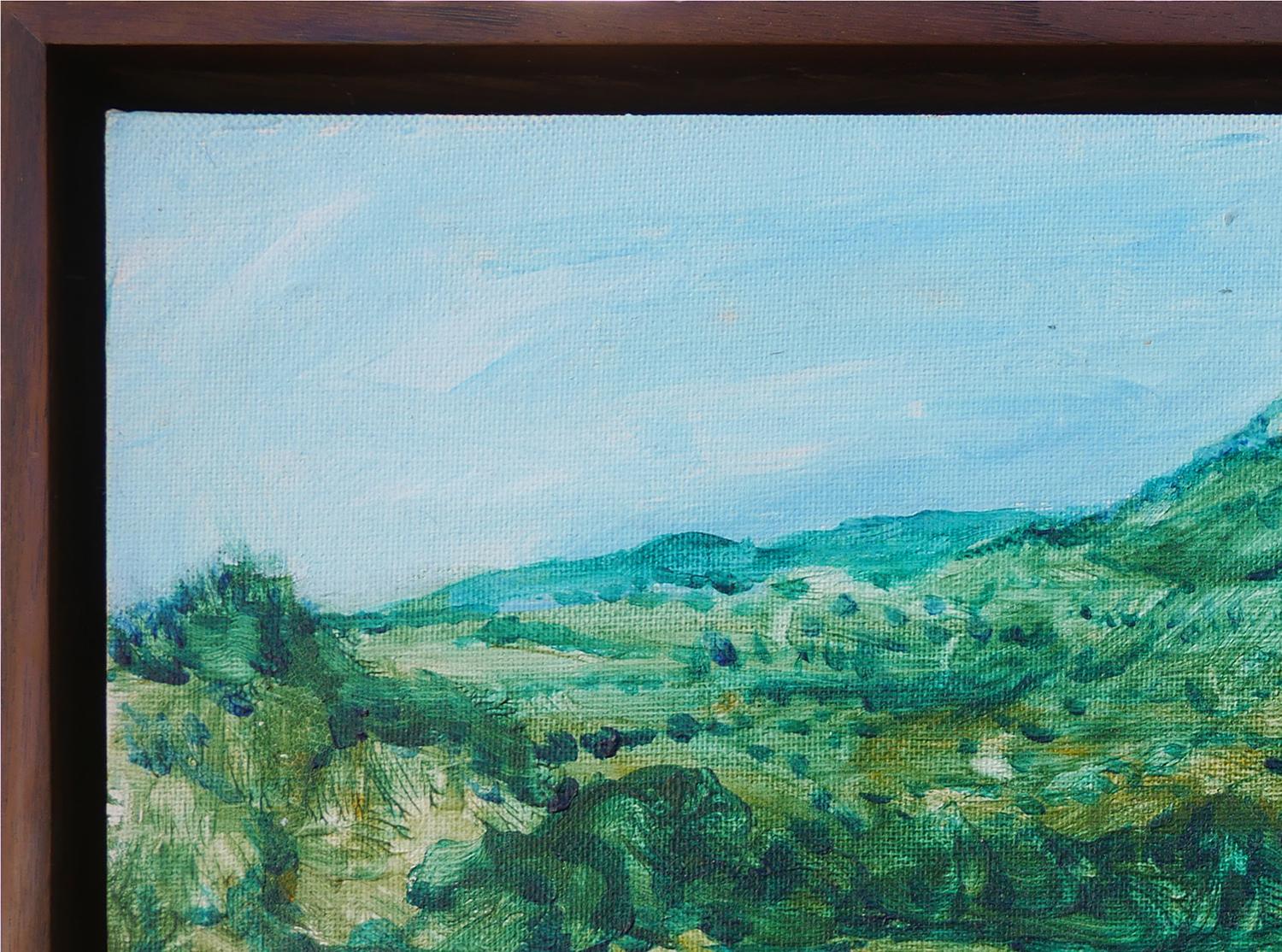 Modernes grünes und blau getöntes abstraktes impressionistisches Berglandschaftsgemälde (Abstrakter Impressionismus), Painting, von Earl Staley