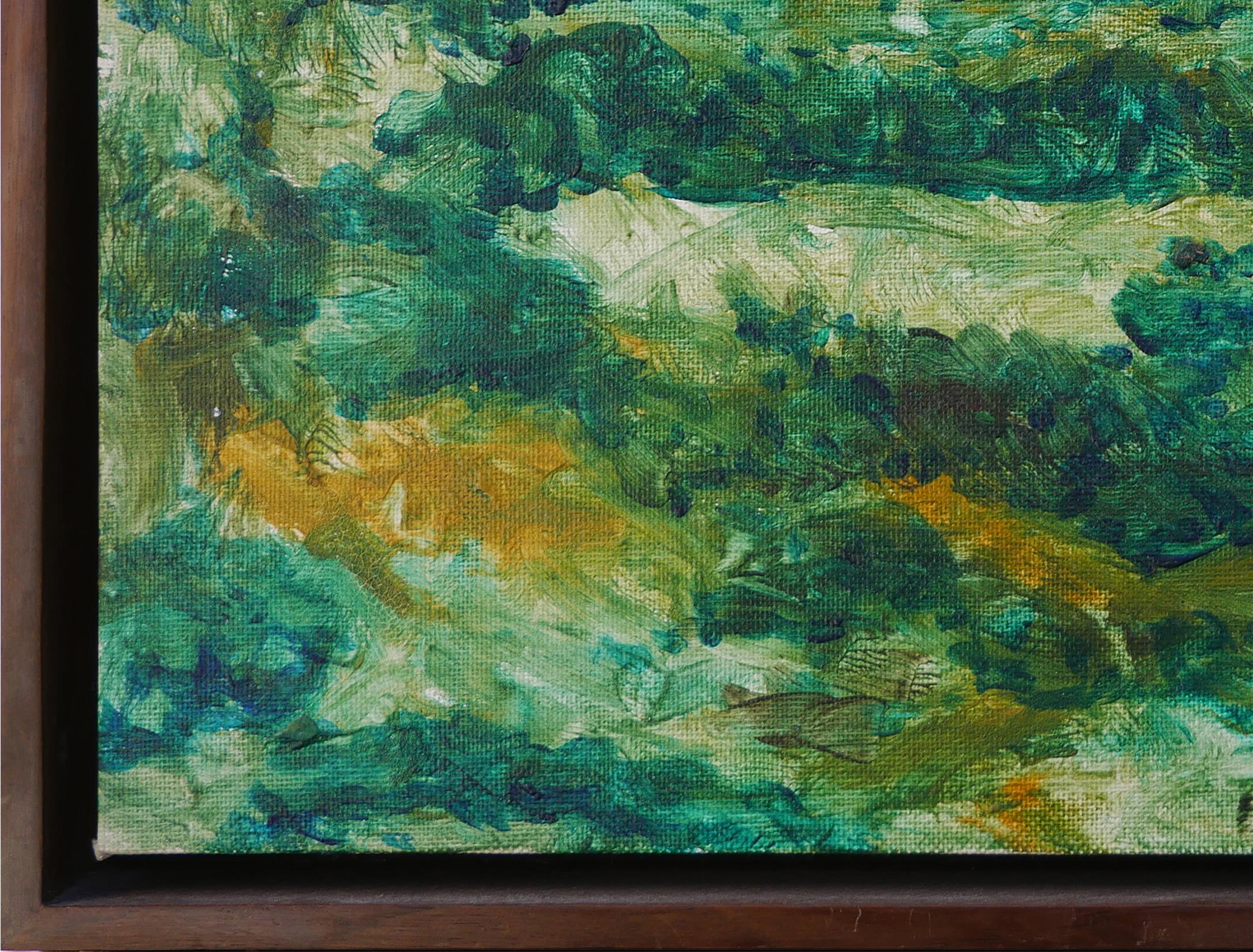 Modernes grünes und blau getöntes abstraktes impressionistisches Berglandschaftsgemälde im Angebot 1