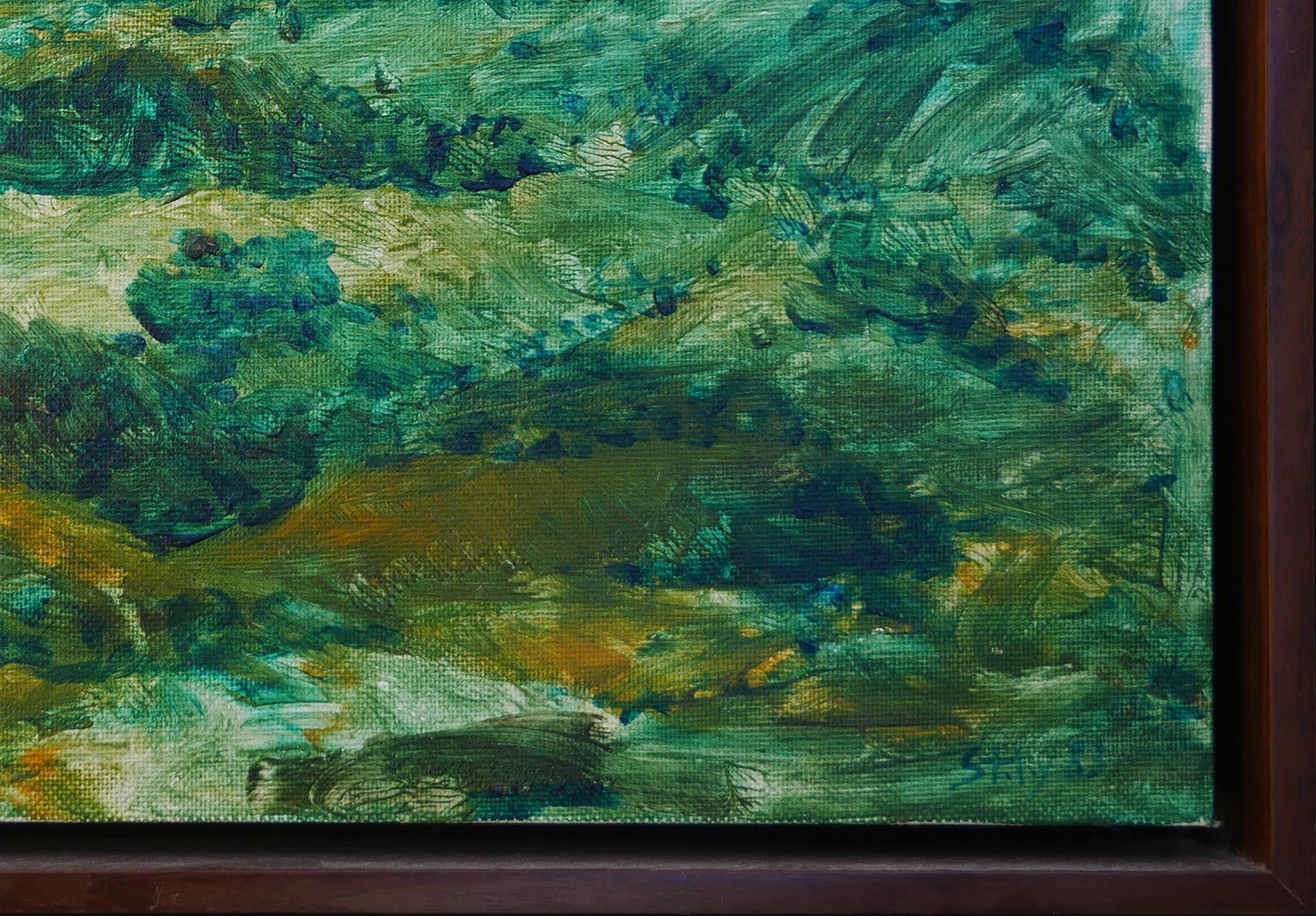 Modernes grünes und blau getöntes abstraktes impressionistisches Berglandschaftsgemälde im Angebot 2
