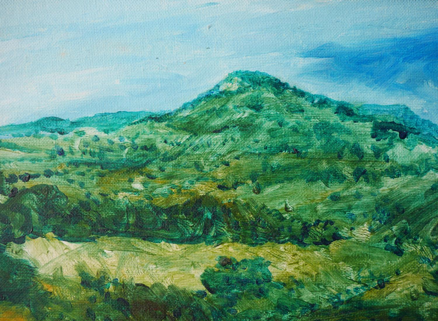 Modernes grünes und blau getöntes abstraktes impressionistisches Berglandschaftsgemälde im Angebot 3