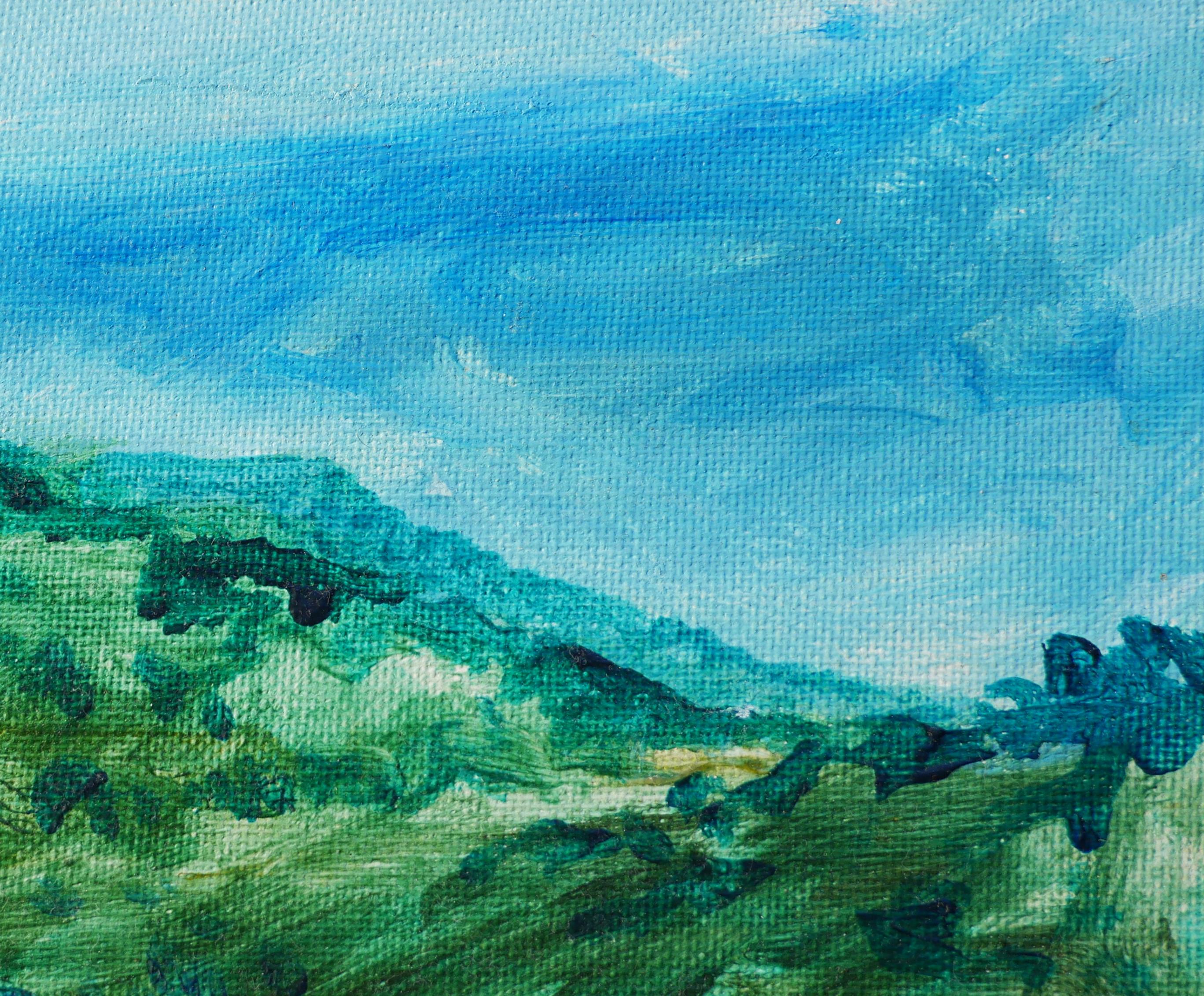 Modernes grünes und blau getöntes abstraktes impressionistisches Berglandschaftsgemälde im Angebot 4