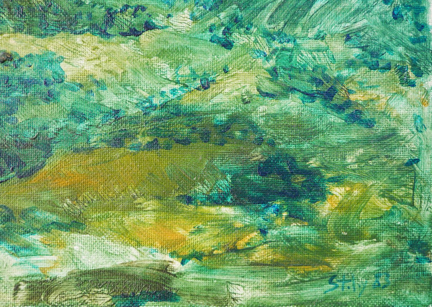 Modernes grünes und blau getöntes abstraktes impressionistisches Berglandschaftsgemälde im Angebot 5