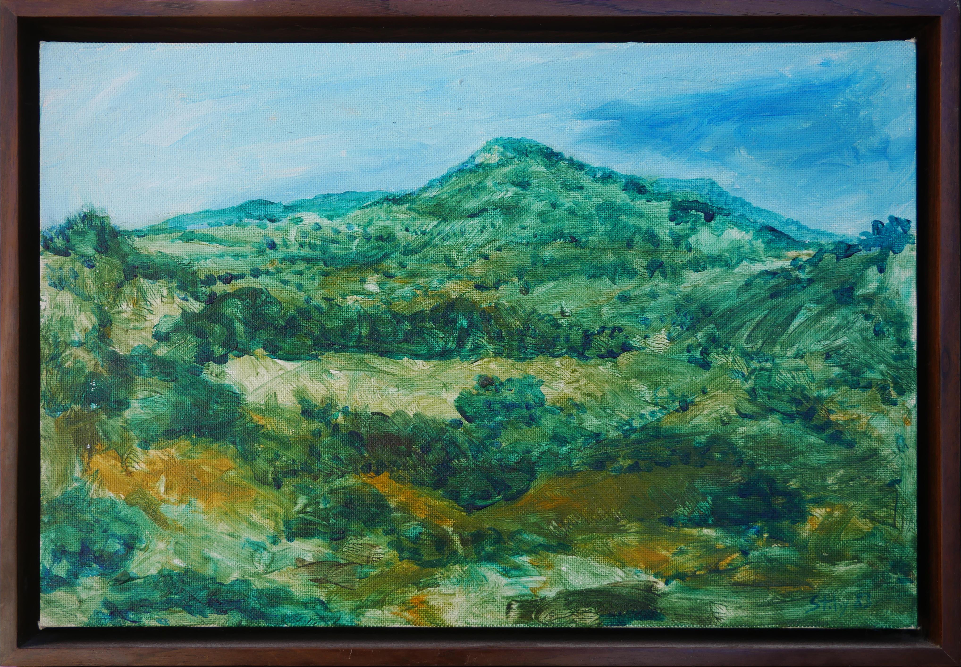 Earl Staley Landscape Painting – Modernes grünes und blau getöntes abstraktes impressionistisches Berglandschaftsgemälde