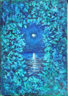 "Moonrise" Blue Toned Romantic Moon at Night by the Sea Landscape Painting