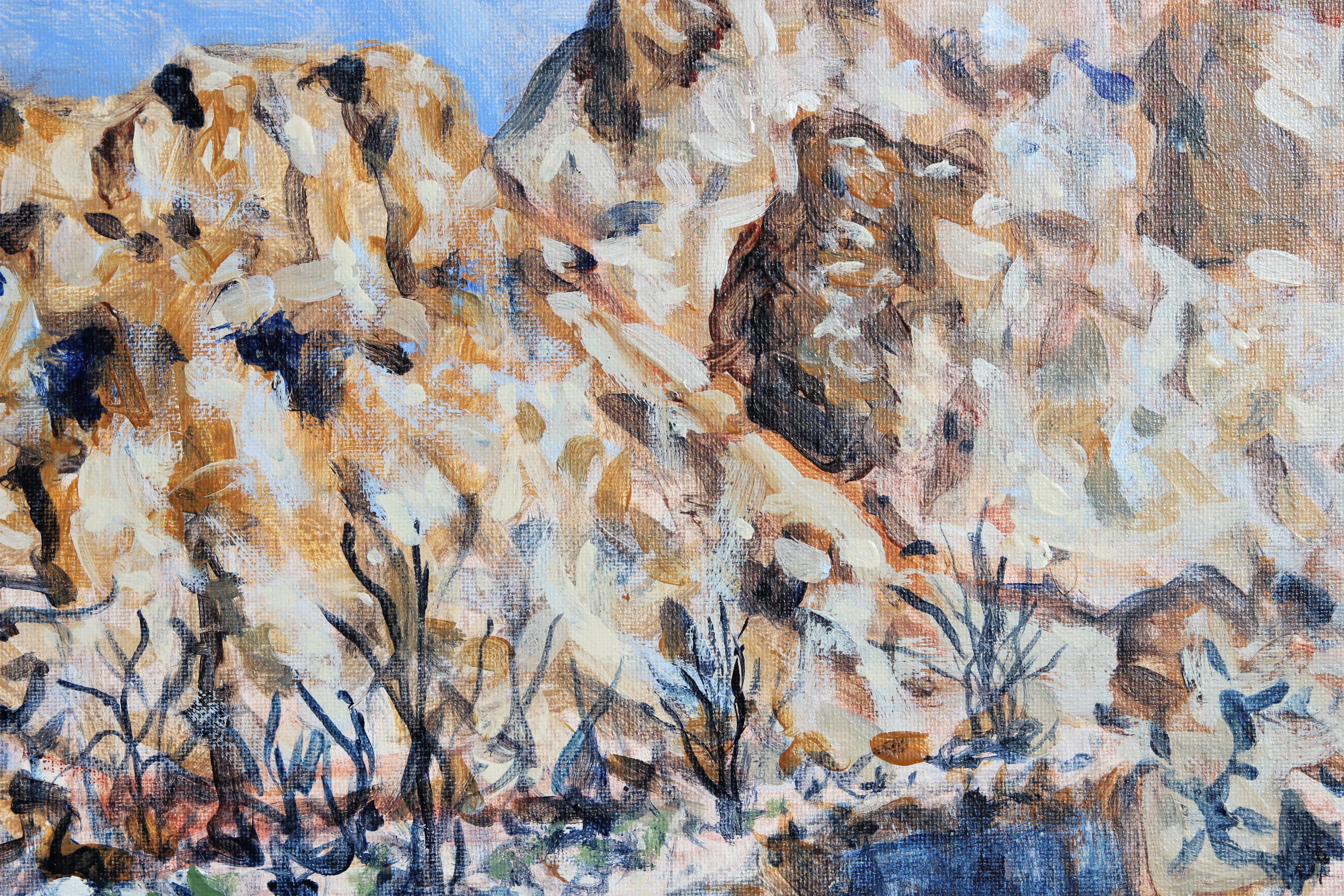 Blue and tan toned abstract mountain landscape by Houston, Texas artist Earl Staley. The work features a scenic view of Mule Ear Peak in the Chisos Mountains located in Big Bend National Park. This piece was completed in memory of fellow Texas