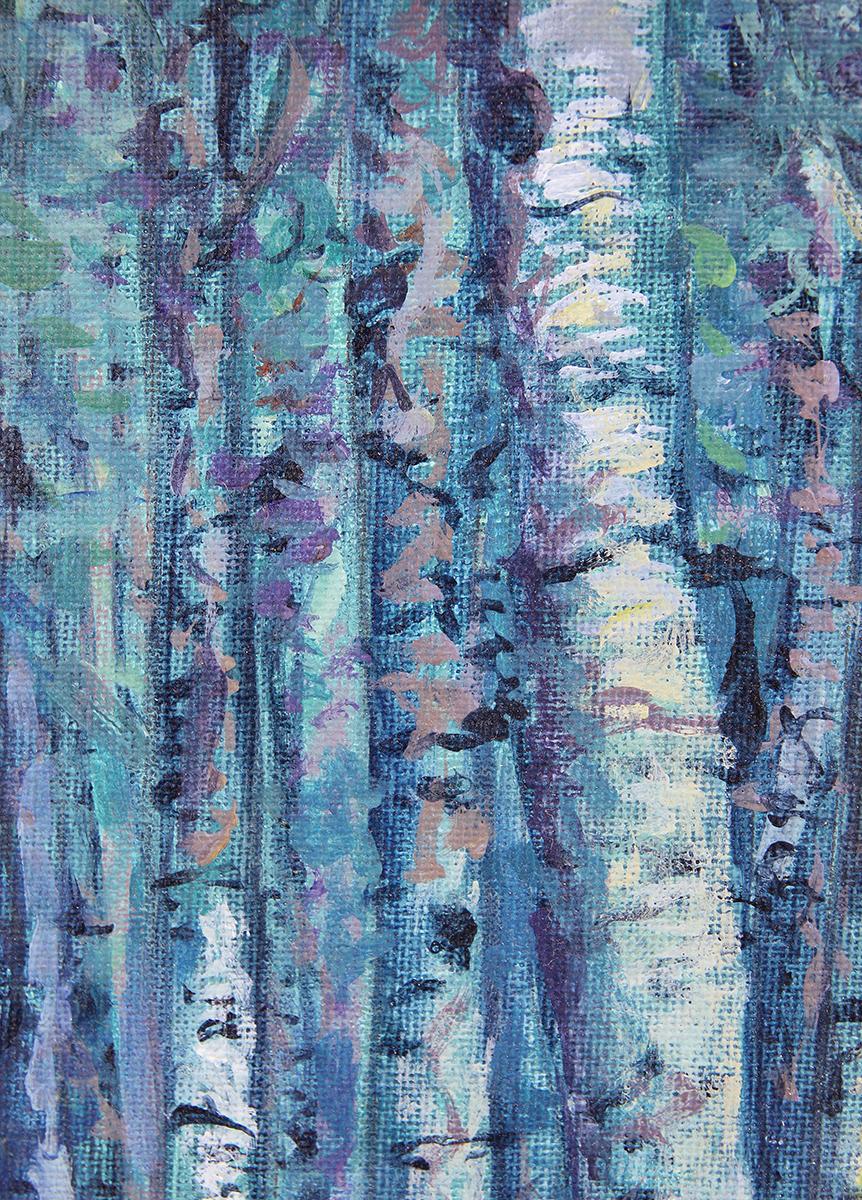 Small, blue toned abstract landscape by Houston, TX artist Earl Staley depicting the entrance to a birch tree forest. Signed and dated 