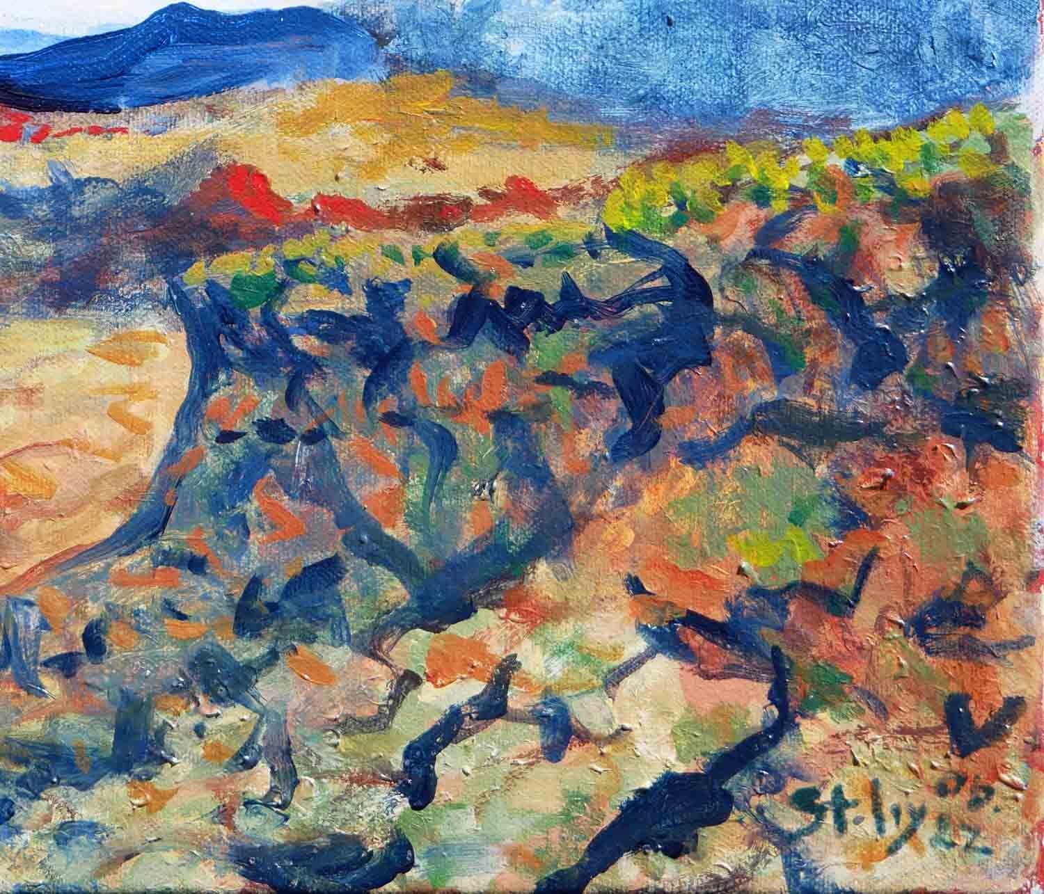 Blue and brown-toned abstract impressionist painting by Houston, TX artist Earl Staley. This painting features mountains in Big Bend National Park in Texas. Signed by the artist in the lower right corner. Unframed but framing options are