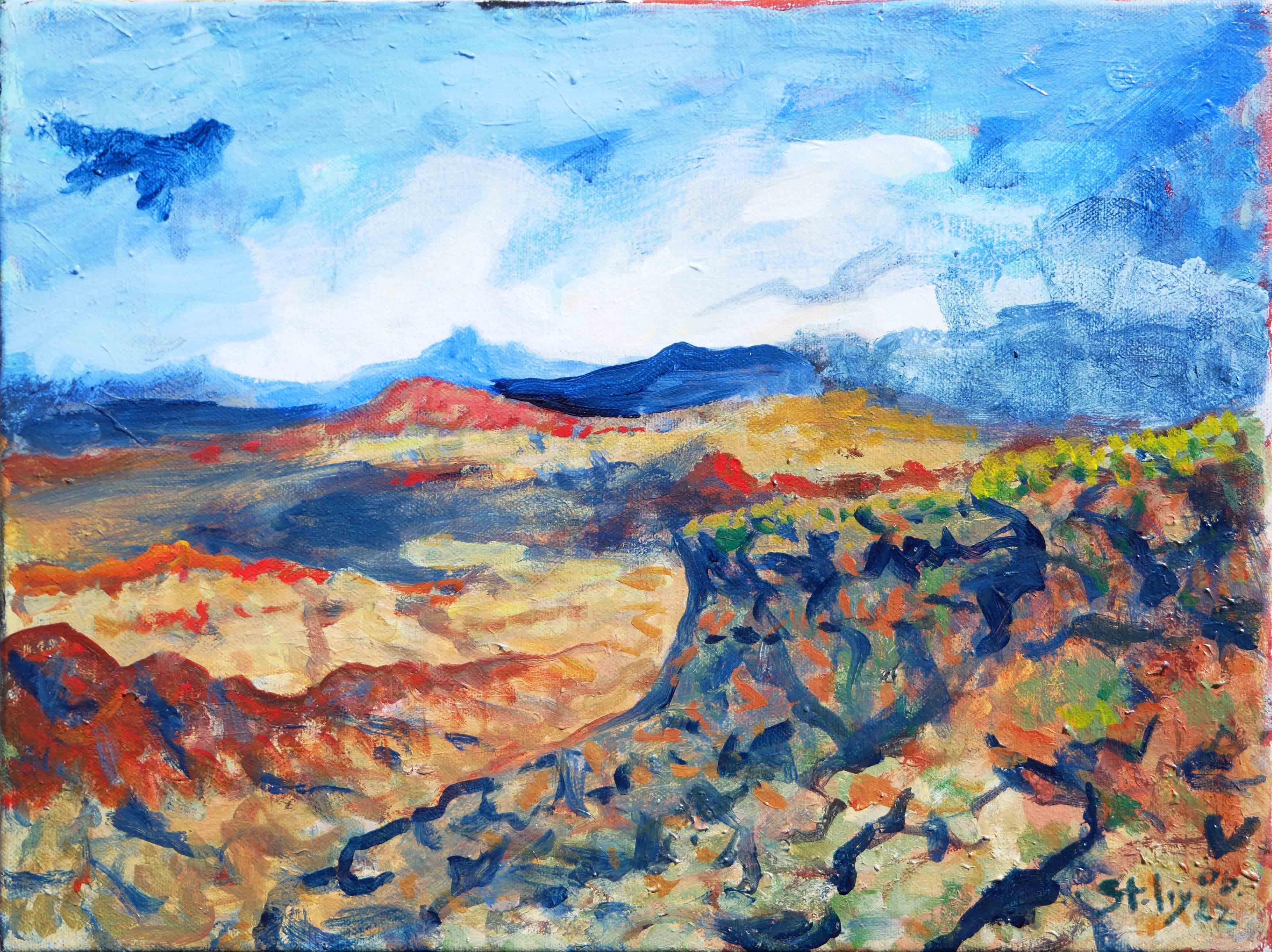 Earl Staley Landscape Painting - "Storm in Big Bend NP" Blue and Brown Abstract Impressionist Mountain Landscape