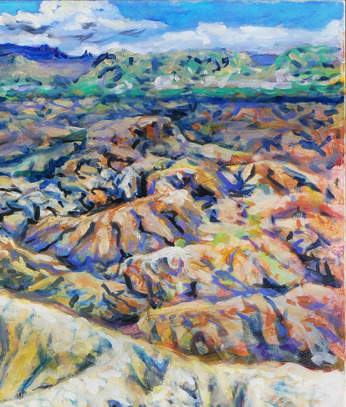 Paysage abstrait contemporain bleu, vert et jaune de l'artiste Earl Staley, de Houston, au Texas. La peinture représente une vue du magnifique Terlingua Canyon dans le parc national de Big Bend. Signé et daté par l'artiste dans le coin inférieur
