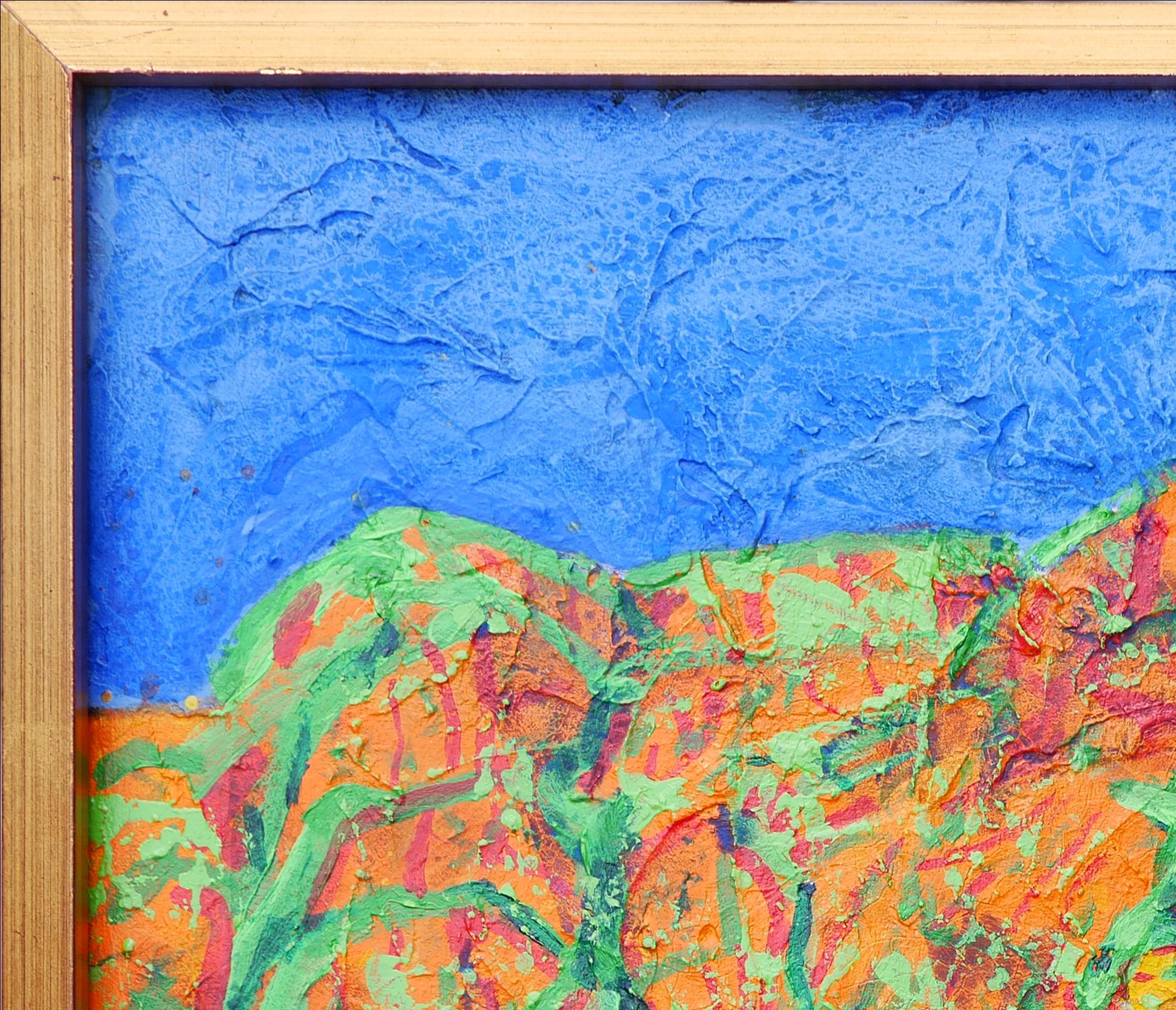Blue, yellow, green, and orange abstract landscape painting by Houston, TX artist Earl Staley. The painting depicts the Chisos Mountains at Big Bend National Park in different striking colors. Signed, titled, and dated by the artist at the back.