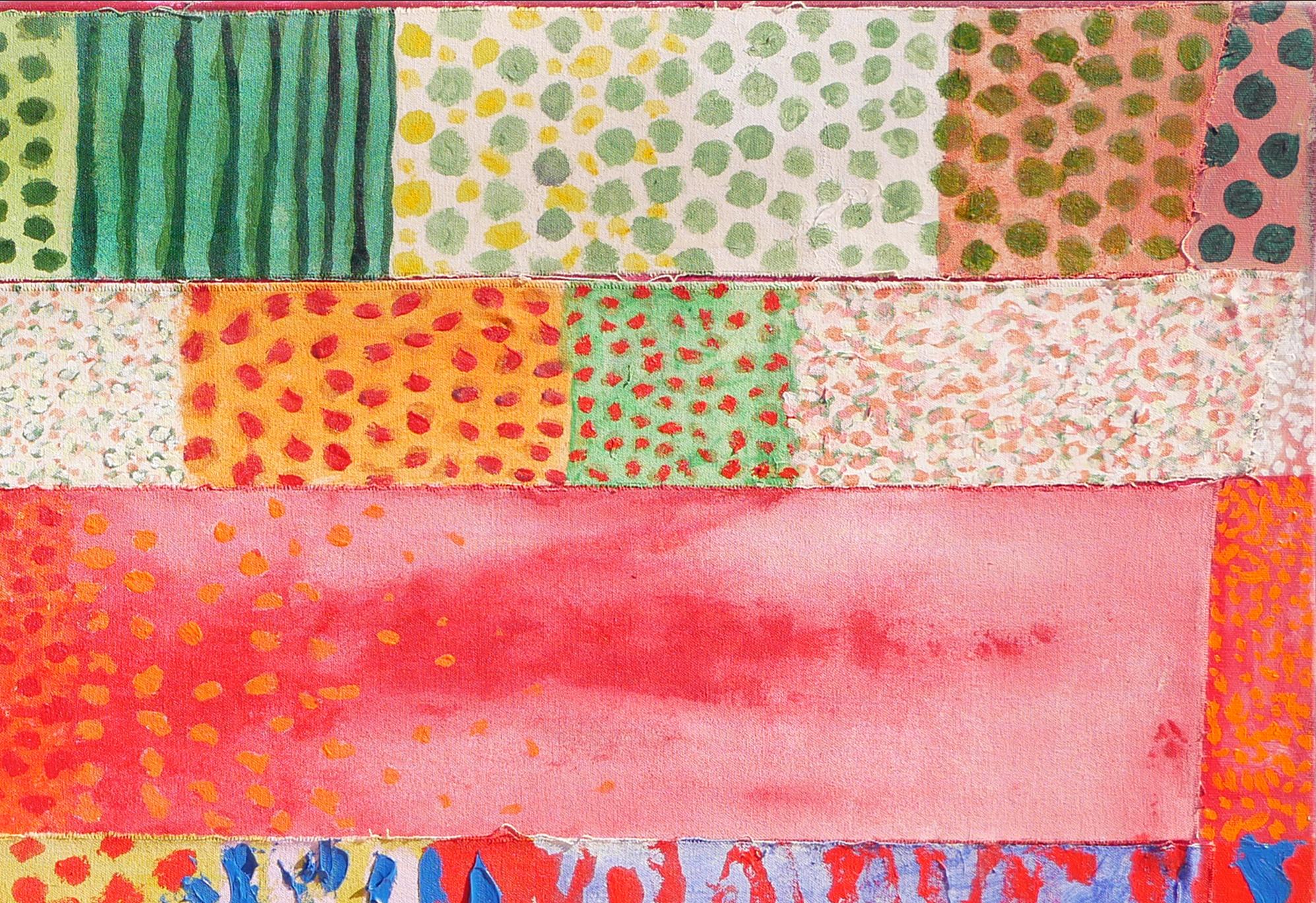 Peinture abstraite géométrique rouge, orange, rose, verte, jaune et violette de l'artiste Early Staley de Houston, TX. Cette peinture géométrique ressemblant à une courtepointe présente une série de petites toiles peintes avec différentes couleurs
