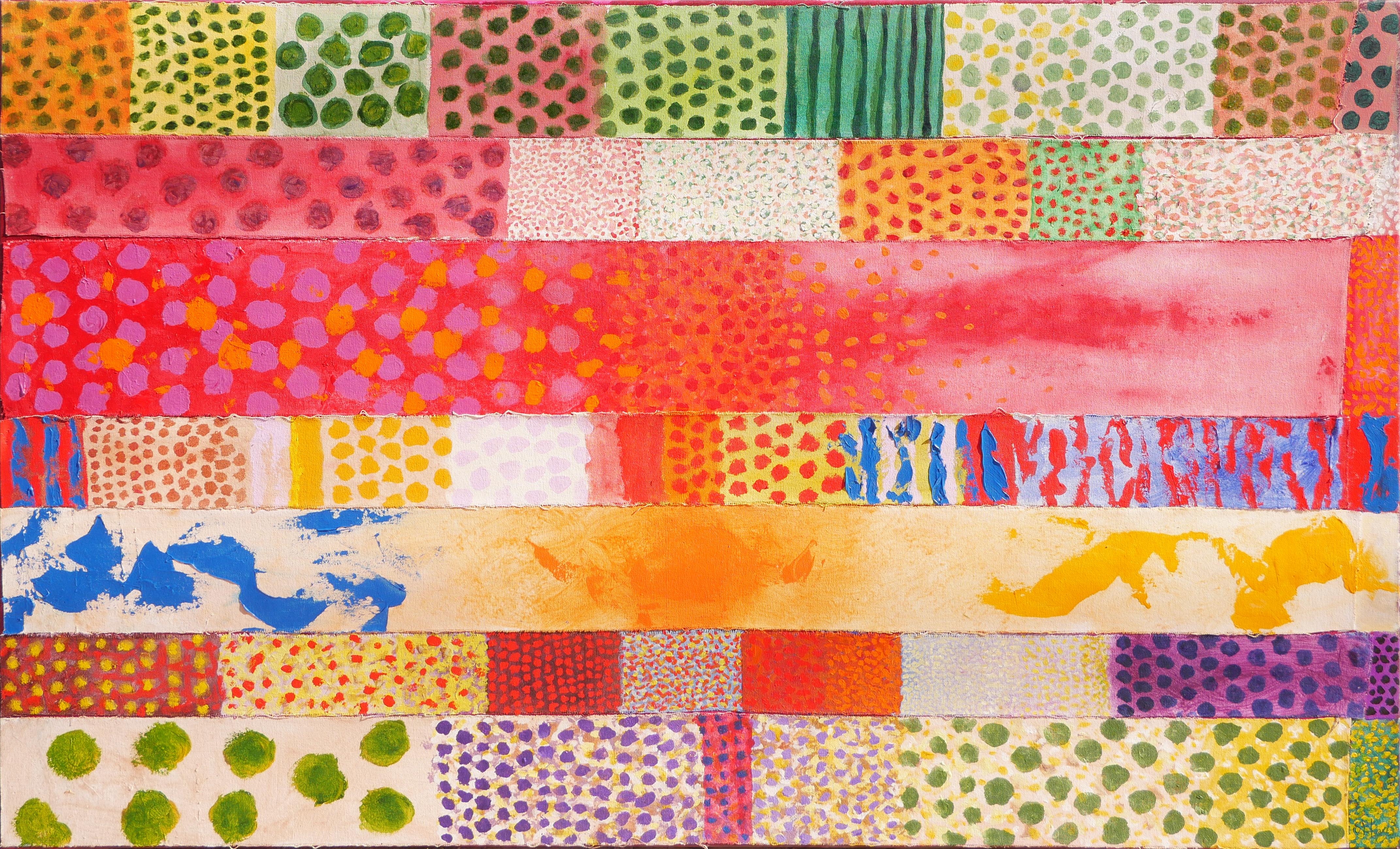 Abstract Painting Earl Staley - « The Seasons », peinture abstraite géométrique aux tons chauds avec toiles cousues