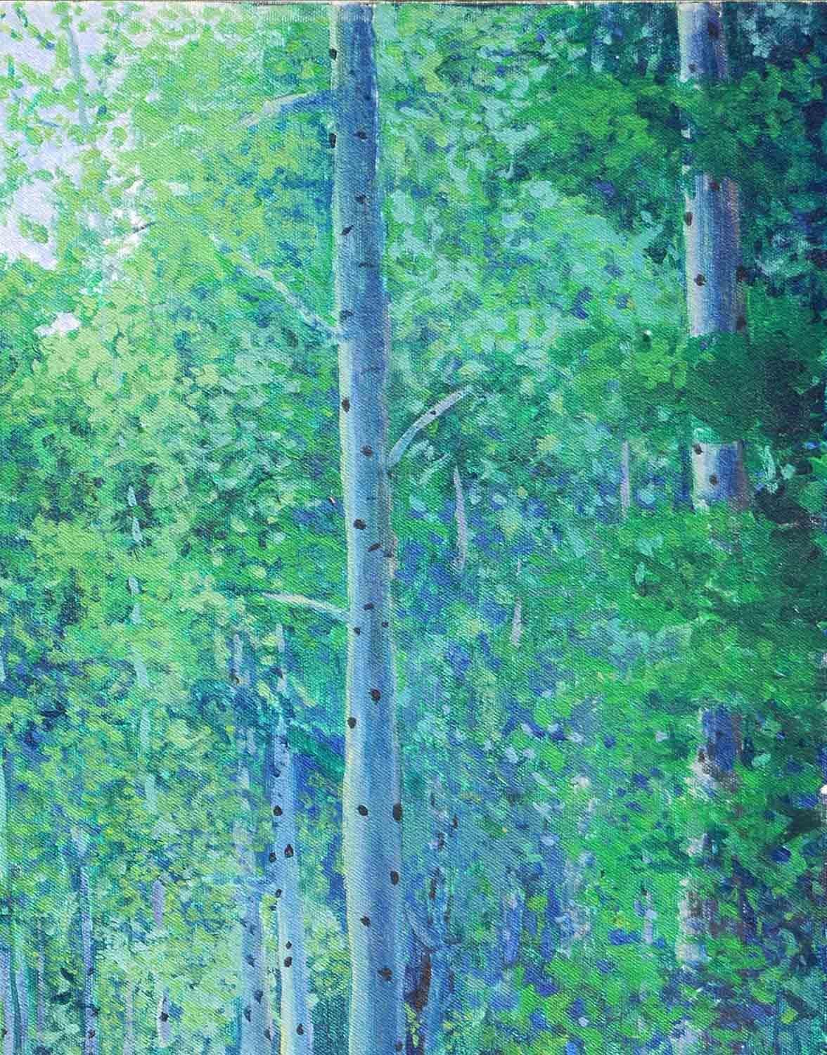Green and blue longitudinal abstract impressionist painting by Houston, TX artist Earl Staley. This painting features a figure walking with a pet dog along the trail in Red River, NM. It also depicts a rich forest with tall, lush, trees. Signed by