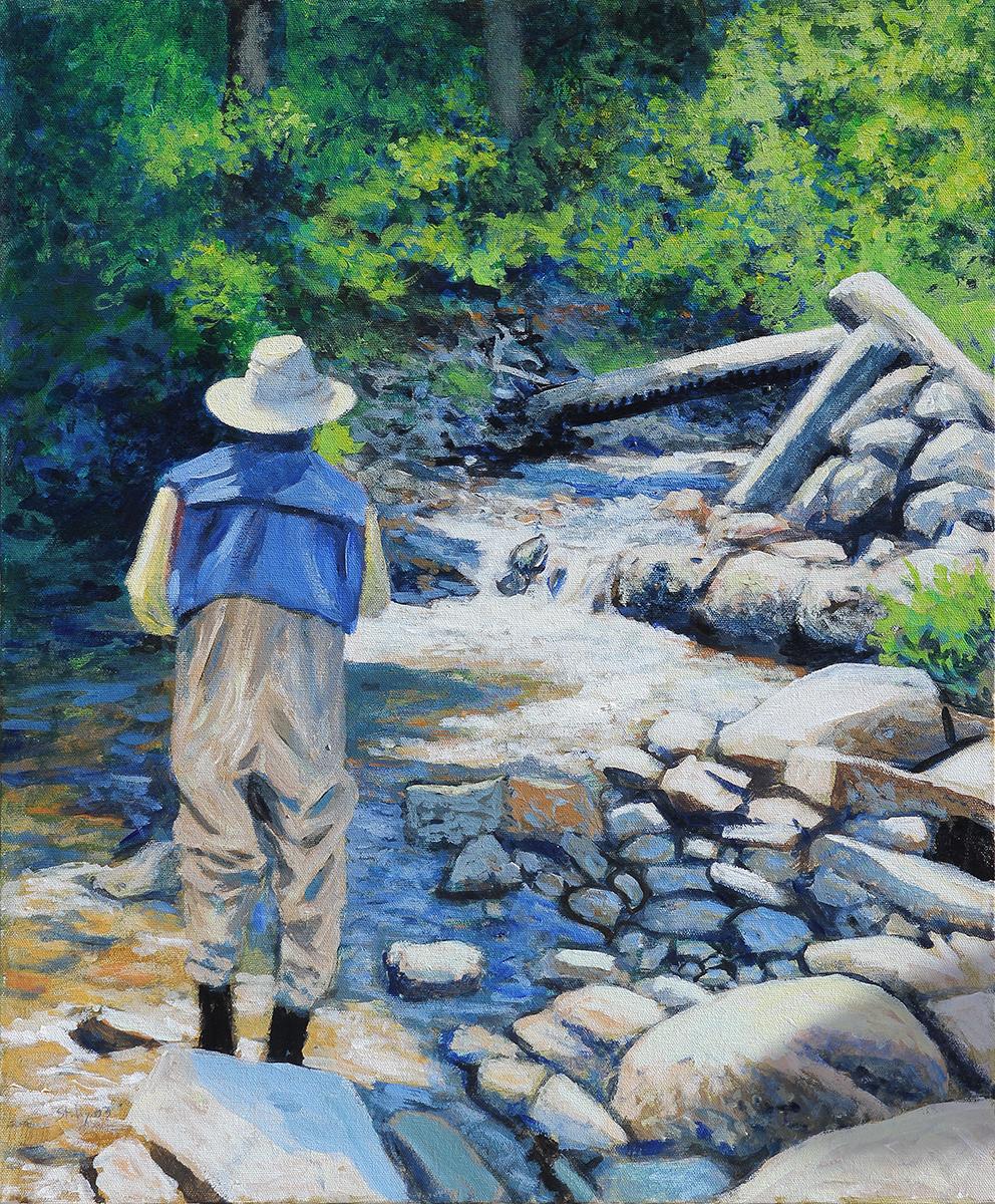 Earl Staley Figurative Painting - "Trout Fishing 8" Blue and Green Toned Figurative Landscape of Fisherman