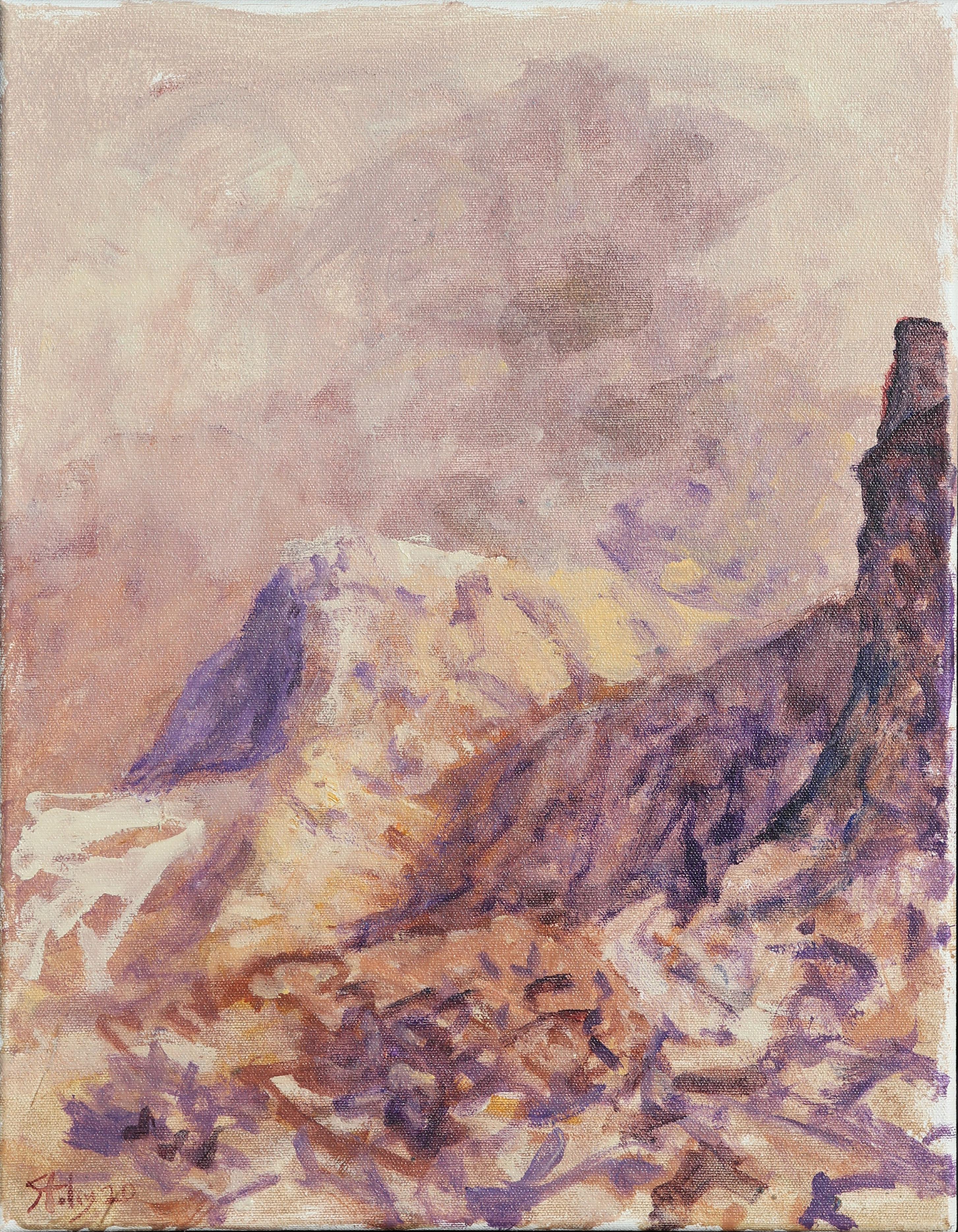 Earl Staley Abstract Painting - "Western Landscape 4" Pastel Pink and Purple Toned Mountain Landscape Painting