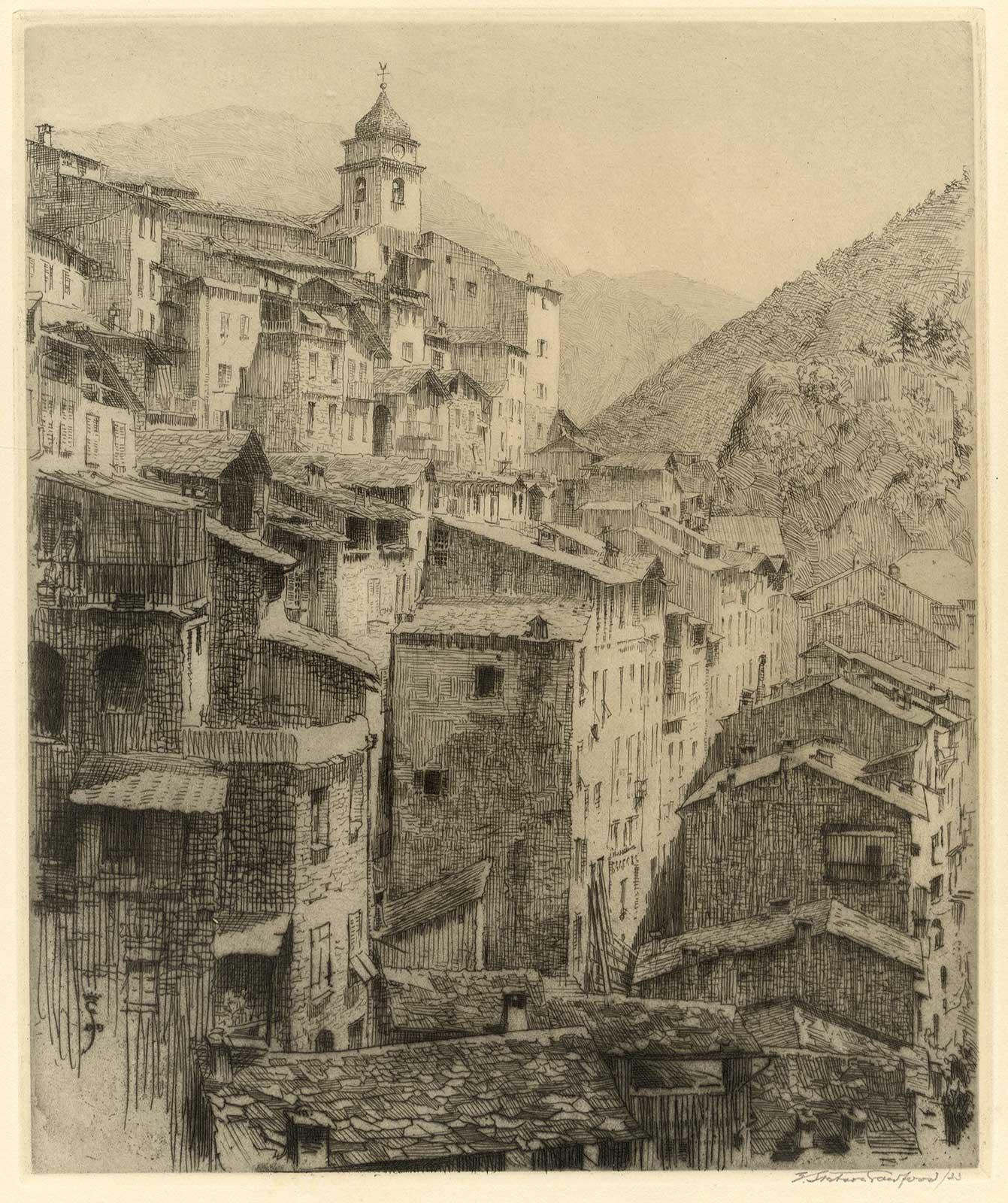 Saorge Village (Alpes-Maritimes area in southeastern France) - Brown Landscape Print by Earl Stetson Crawford