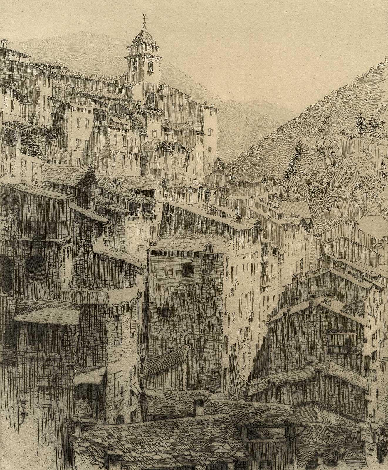 Earl Stetson Crawford Landscape Print - Saorge Village (Alpes-Maritimes area in southeastern France)