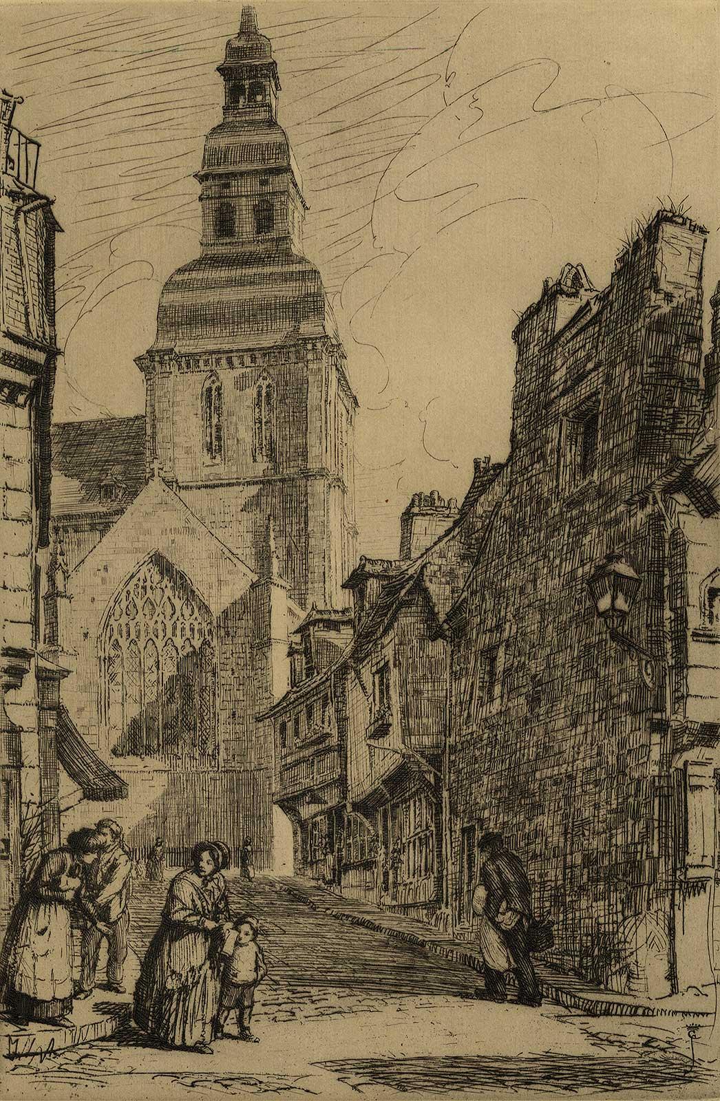 Earl Stetson Crawford Landscape Print - Spire of St. Sauveur (French church named after the Holy Savior)