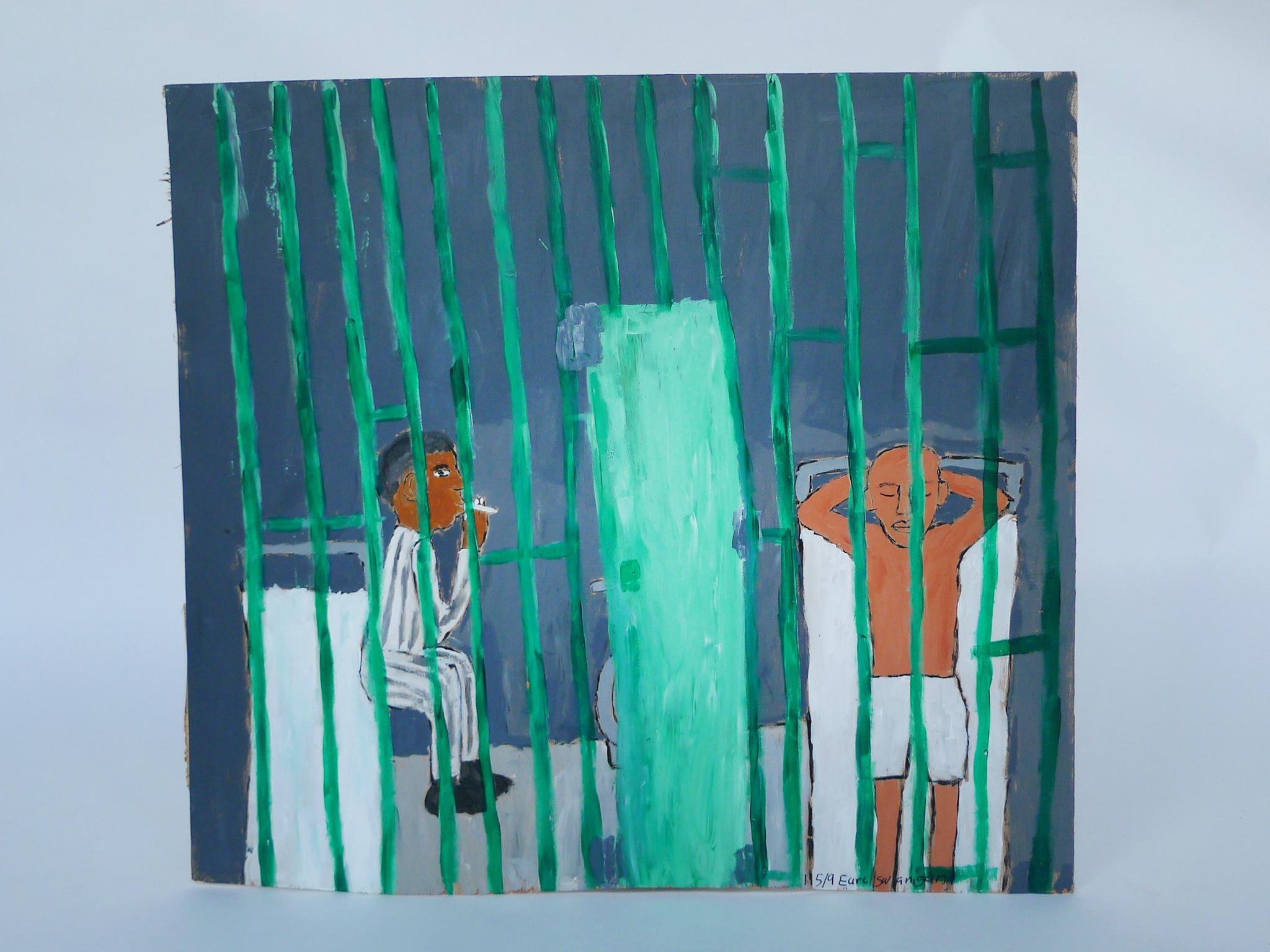 A prison scene painted by the late American artist Earl Swanigan. Acrylic on plywood panel. Signed and dated lower right corner. The painting depicts two men behind bars, one lying down in bed, while another sitting up smoking a