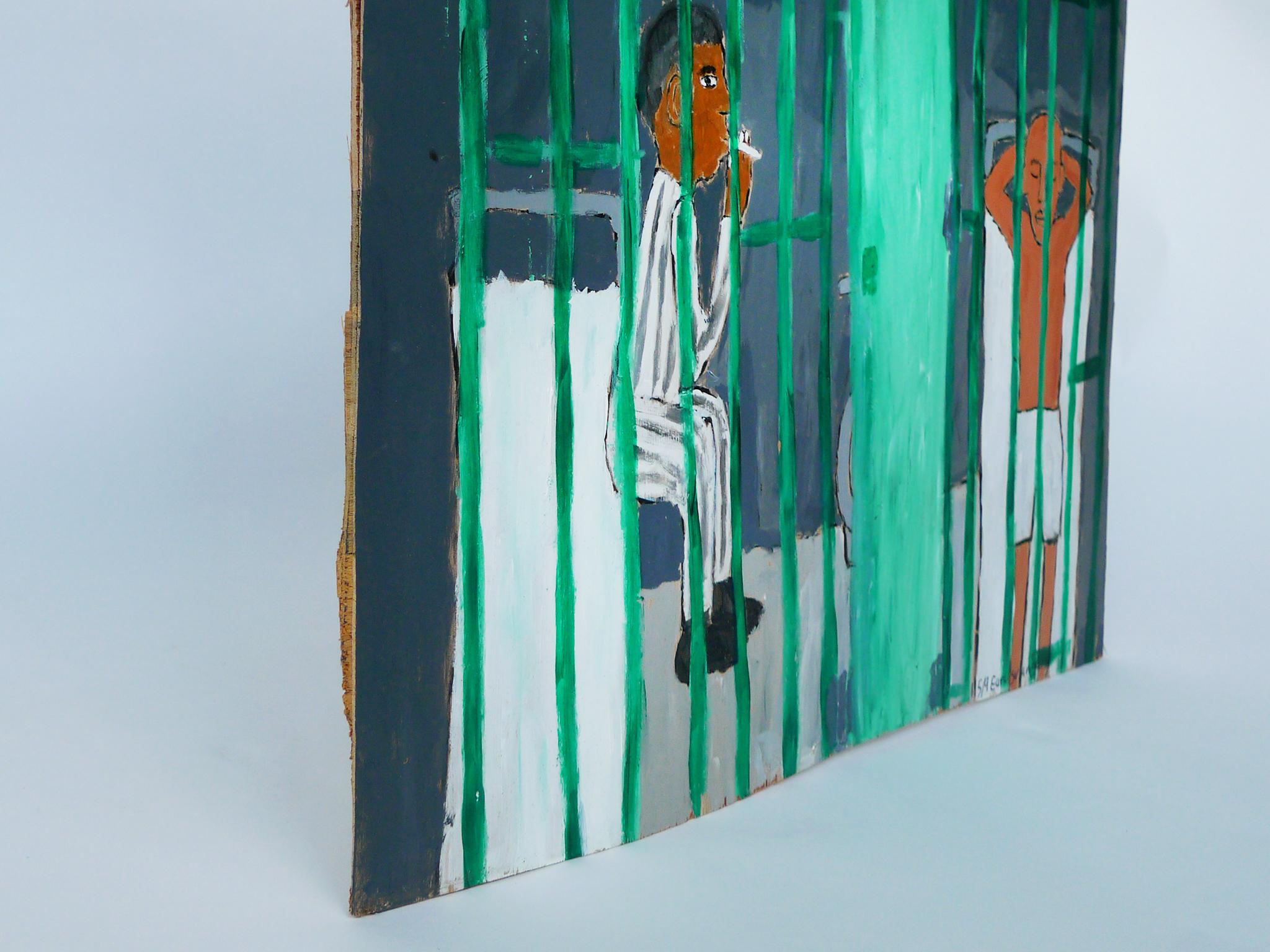 Hand-Painted Earl Swanigan Painting - Prison Scene With Two Figures