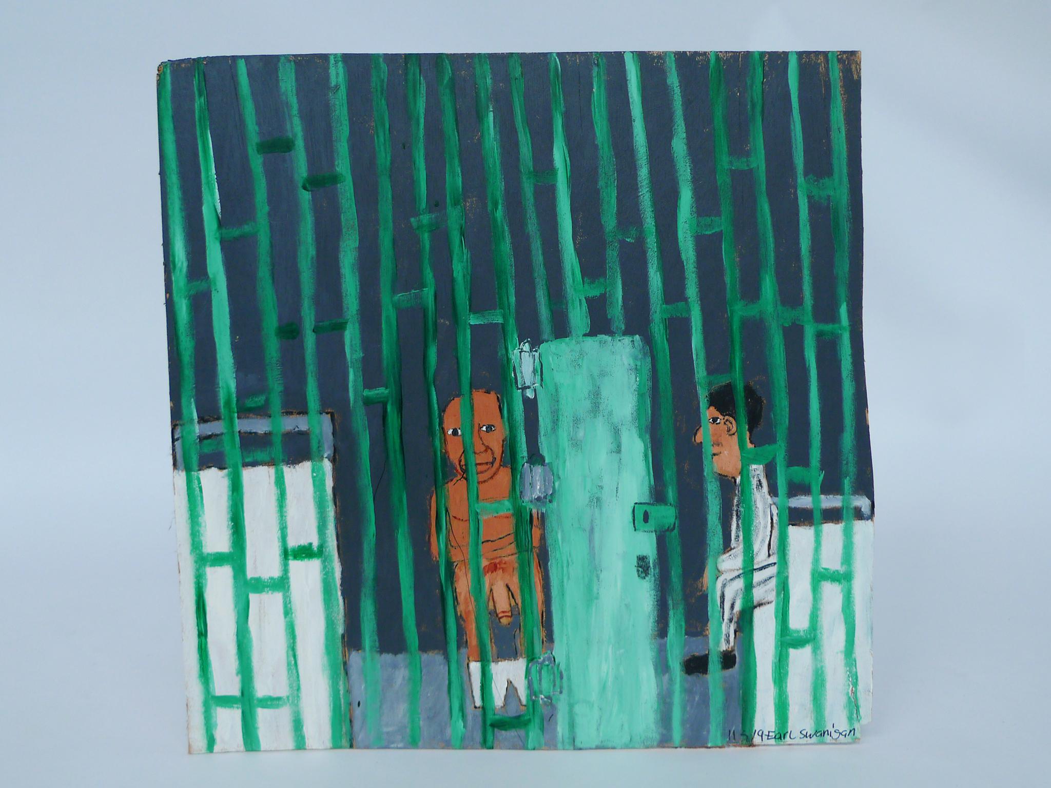 A prison scene painted by the late American Artist Earl Swanigan. Acrylic on plywood panel. Signed and dated lower right corner. The painting depicts two men behind bars. One is undressed, perhaps on the toilet, while the other man is clothed and