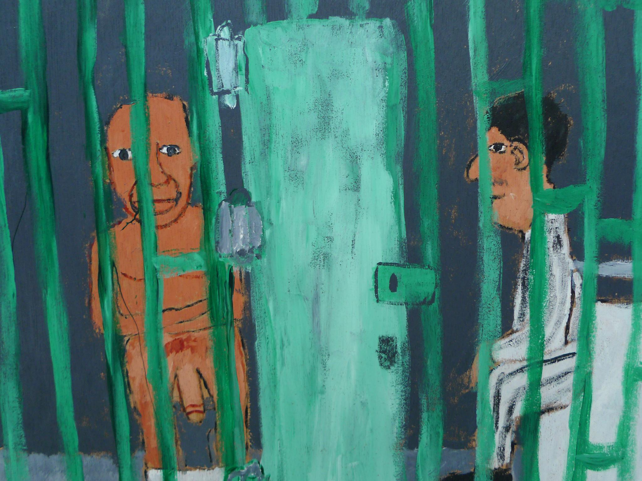 American Earl Swanigan Prison Scene Painting with Two Figures