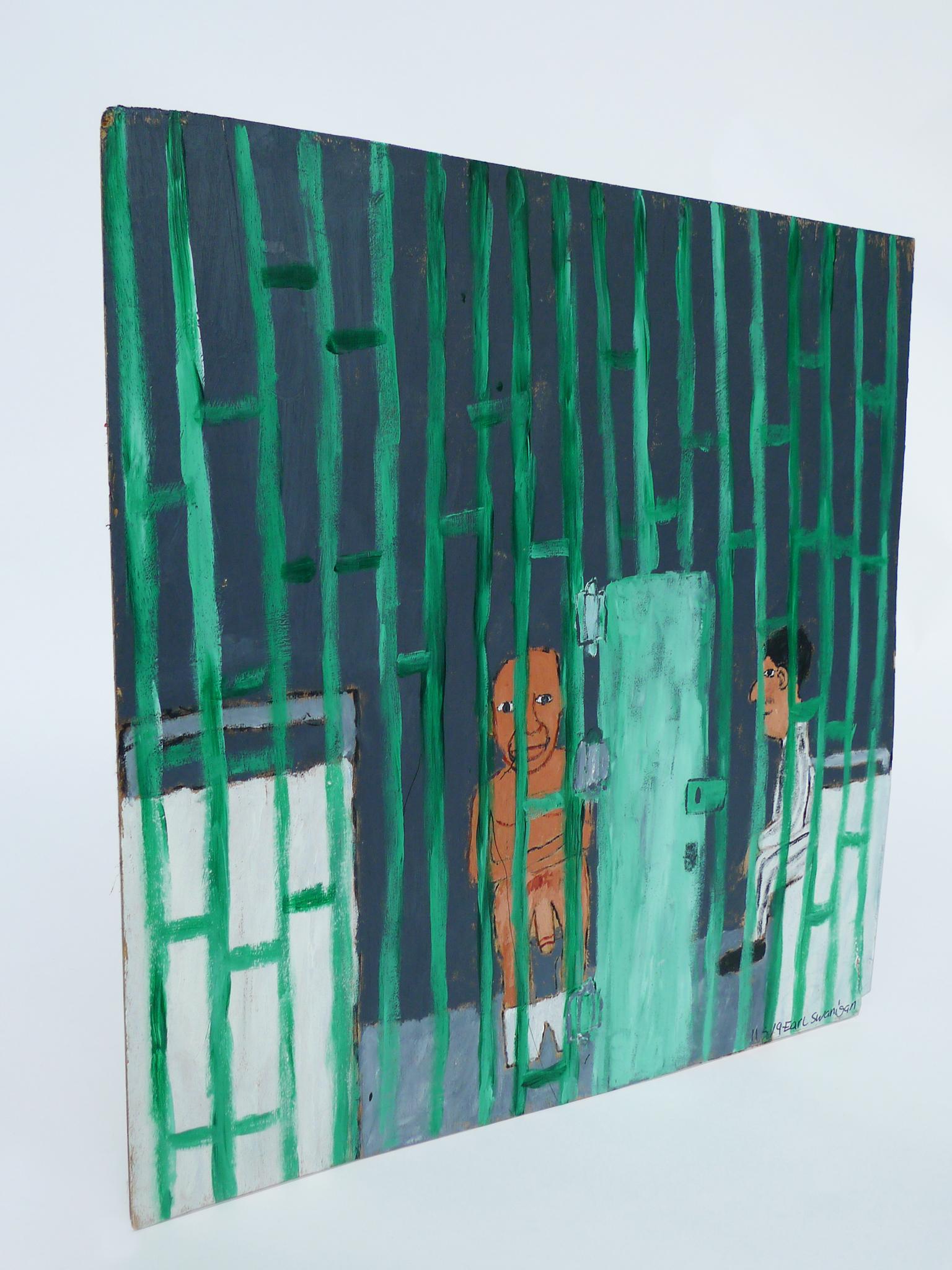 Earl Swanigan Prison Scene Painting with Two Figures In Good Condition In New York, NY