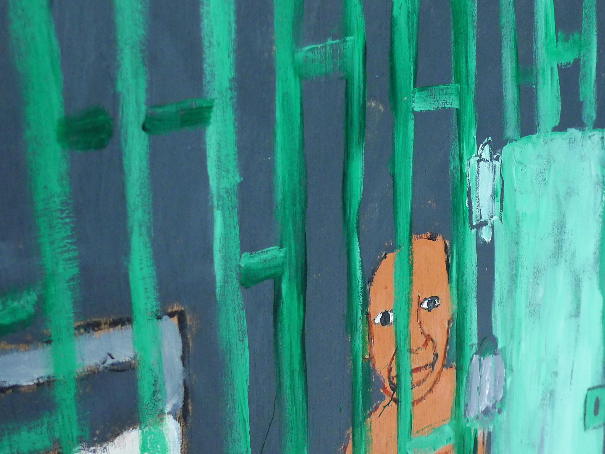 Contemporary Earl Swanigan Prison Scene Painting with Two Figures