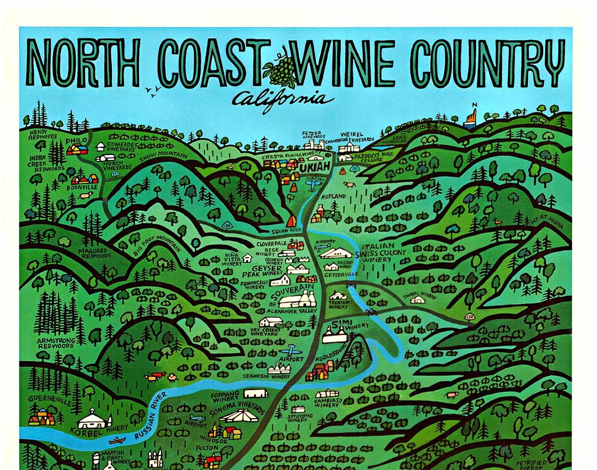 Poster da viaggio originale della North Coast Wine Country California con vigneto d'epoca - Print di Earl Thollander