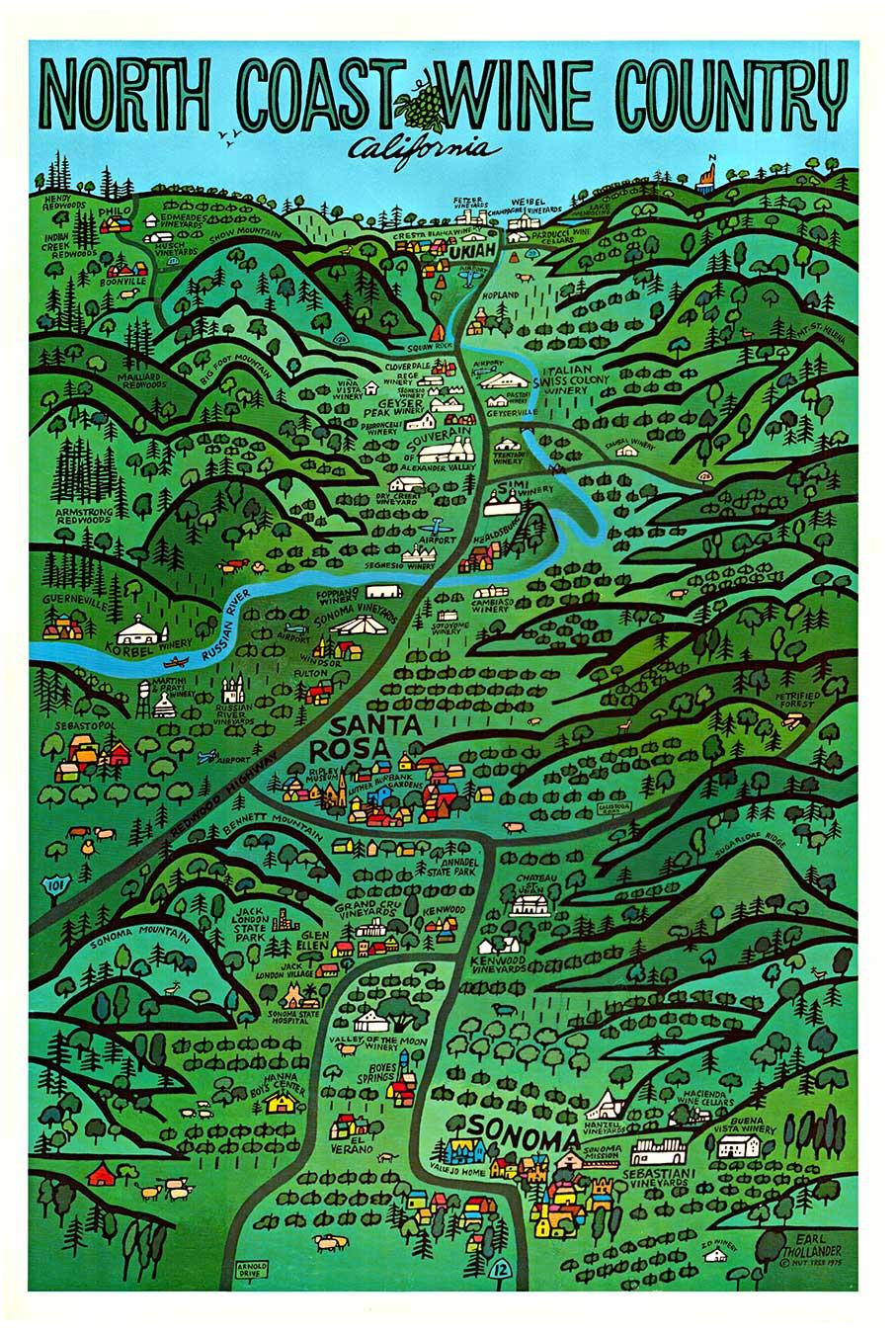 Landscape Print di Earl Thollander - Poster da viaggio originale della North Coast Wine Country California con vigneto d'epoca