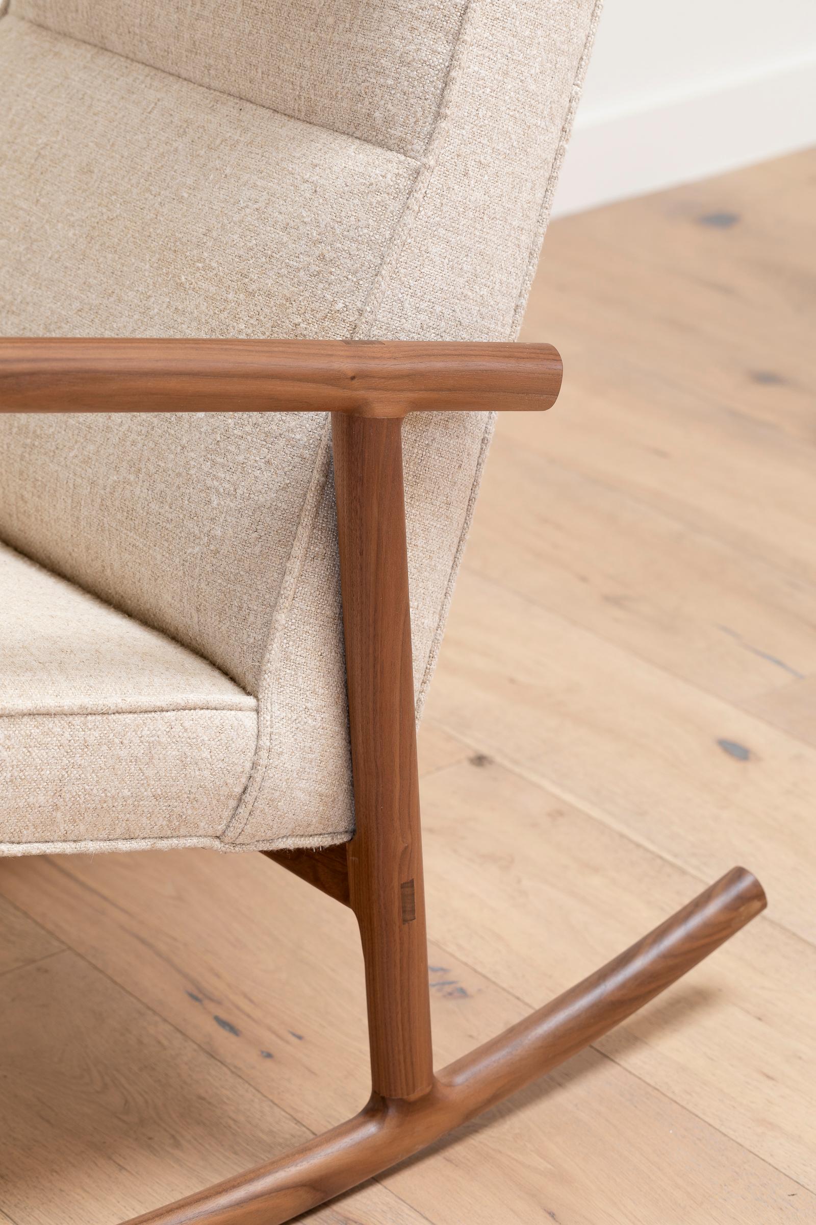 Ebonized Earl Walnut, Beige Textured Linen Moresby Rocking Chair For Sale