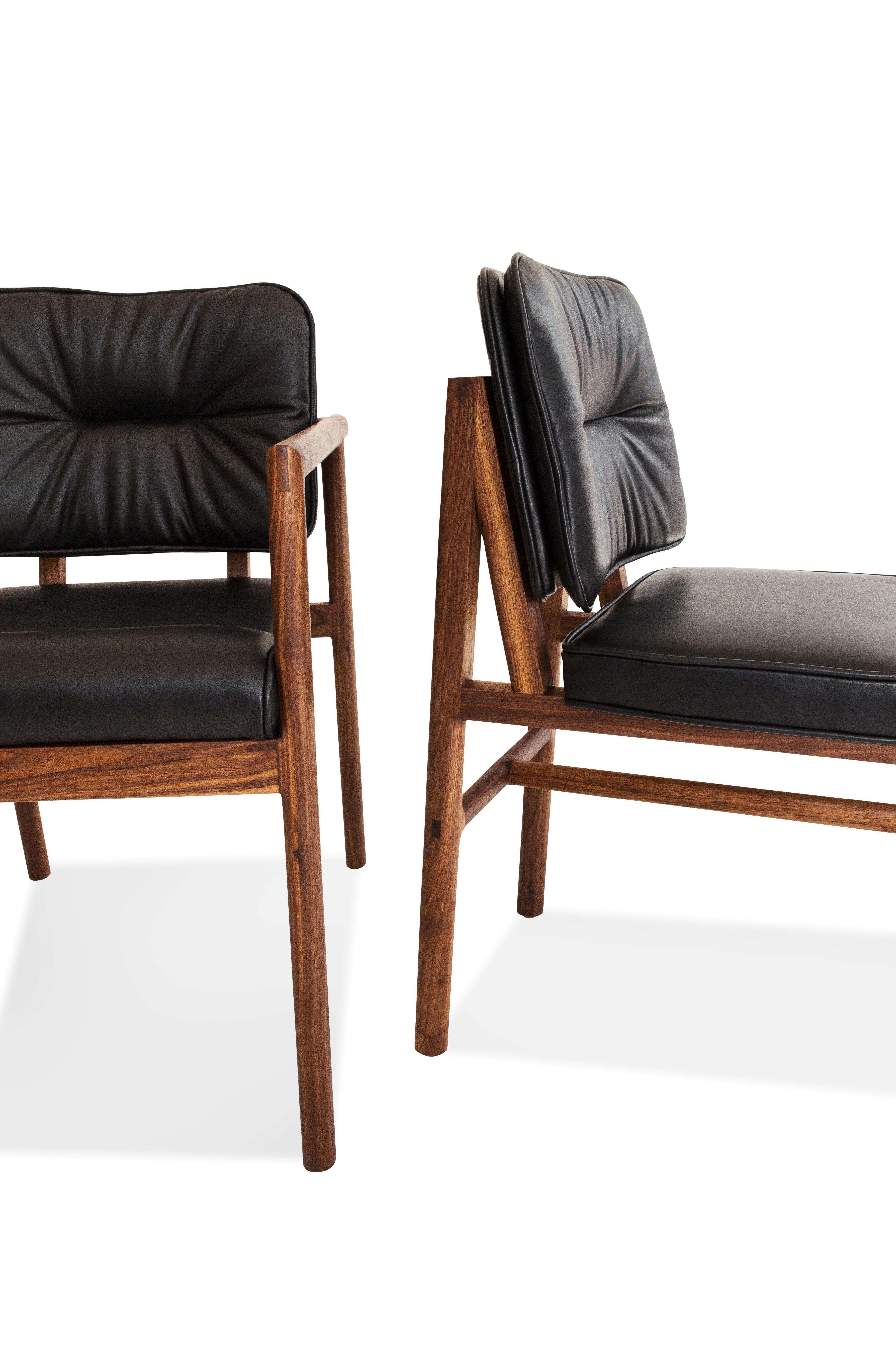 Lacquered Earl Walnut, Black Leather Moresby Dining Chair For Sale
