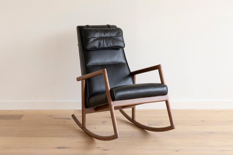 Mid-Century Modern EARL Walnut, Black Leather Moresby Rocking Chair For Sale