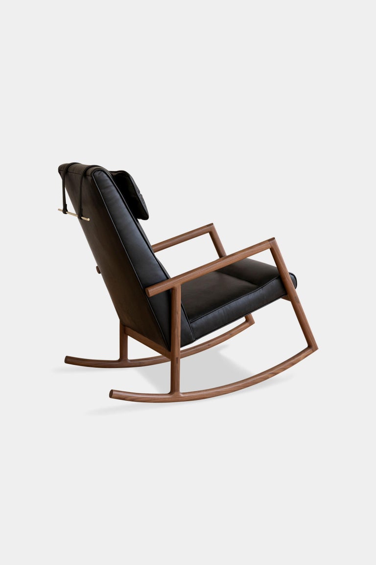 American EARL Walnut, Black Leather Moresby Rocking Chair For Sale