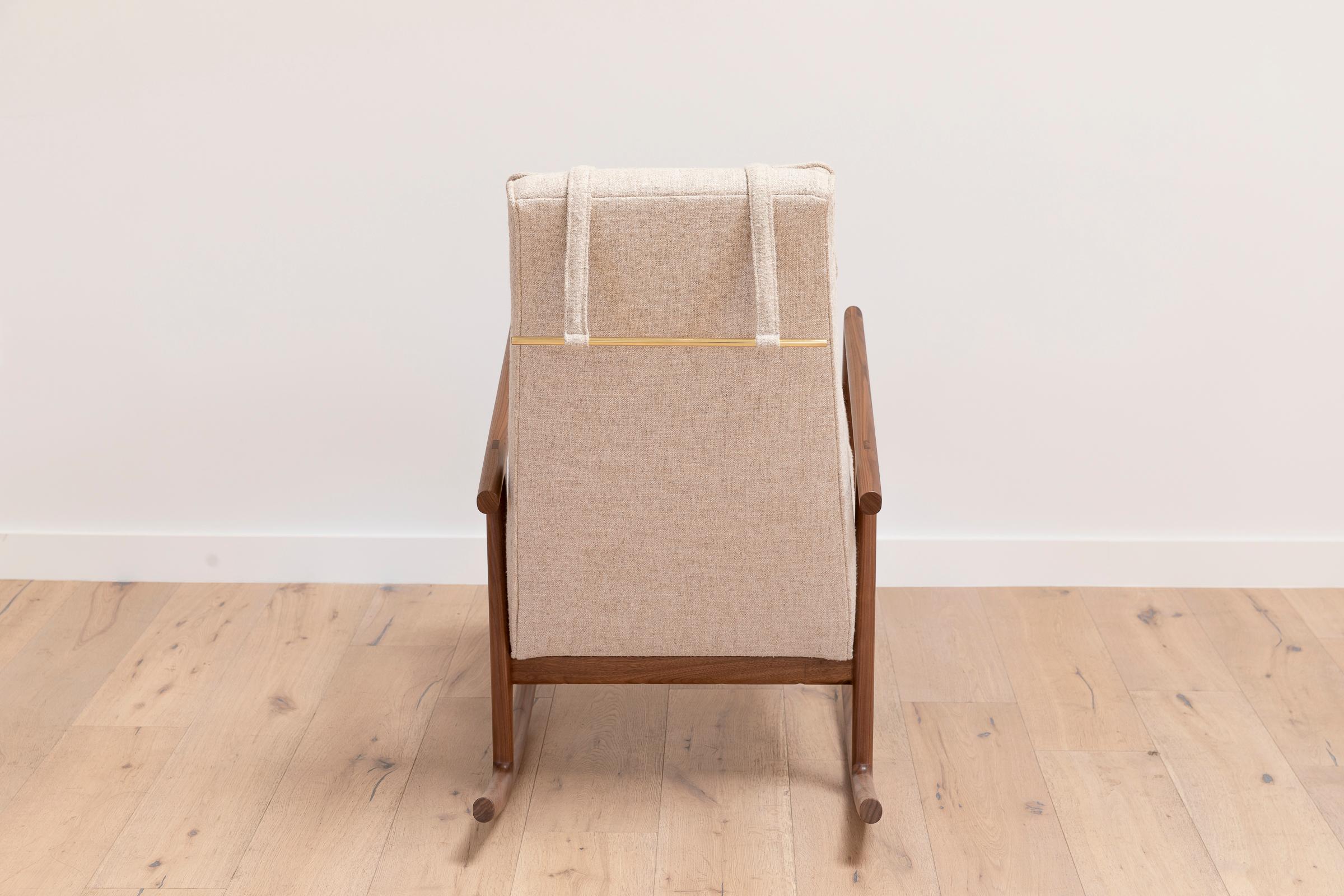 Contemporary Earl Walnut, Ivory Textured Linen Moresby Rocking Chair For Sale