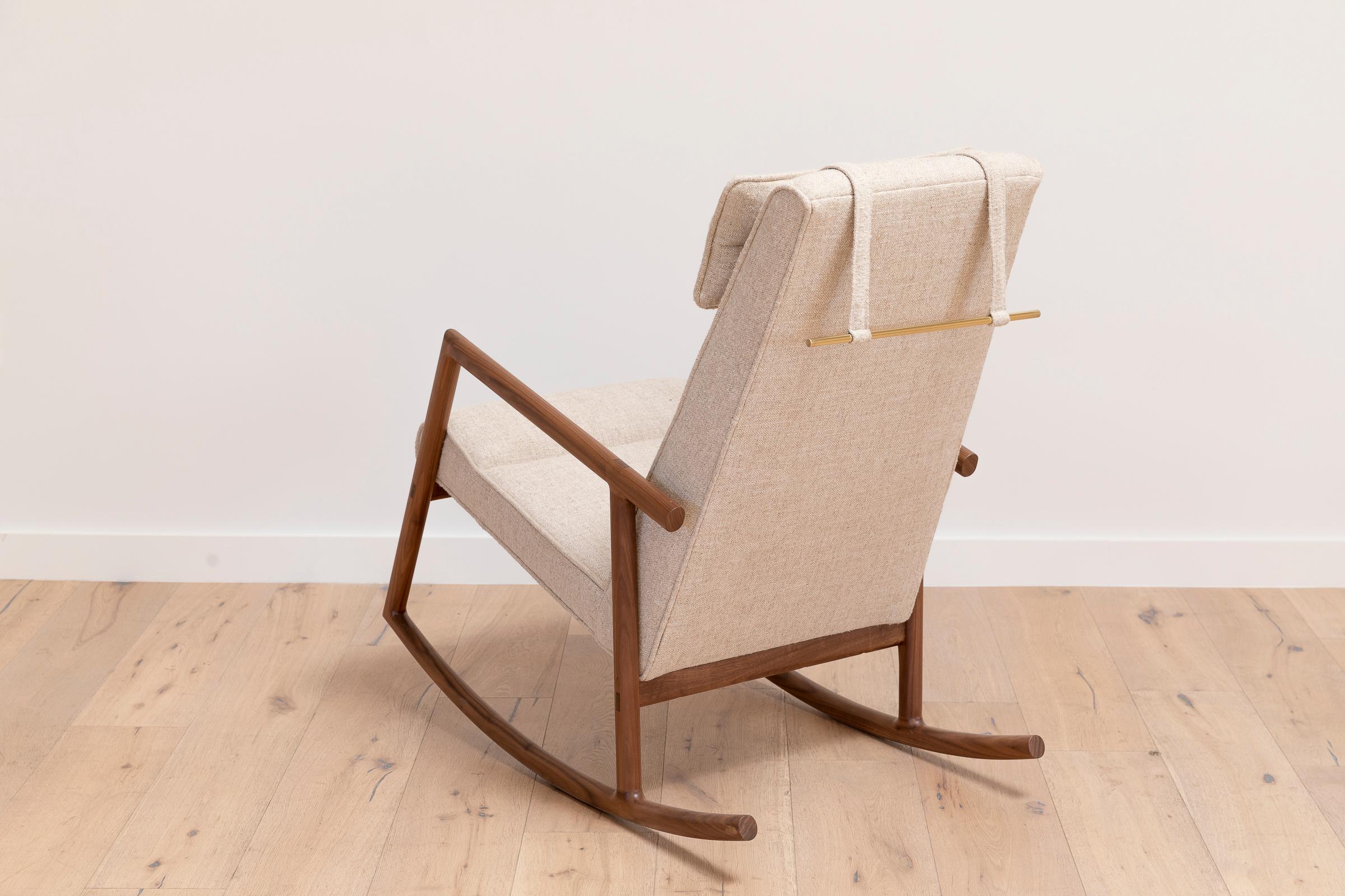 Leather Earl Walnut, Ivory Textured Linen Moresby Rocking Chair For Sale