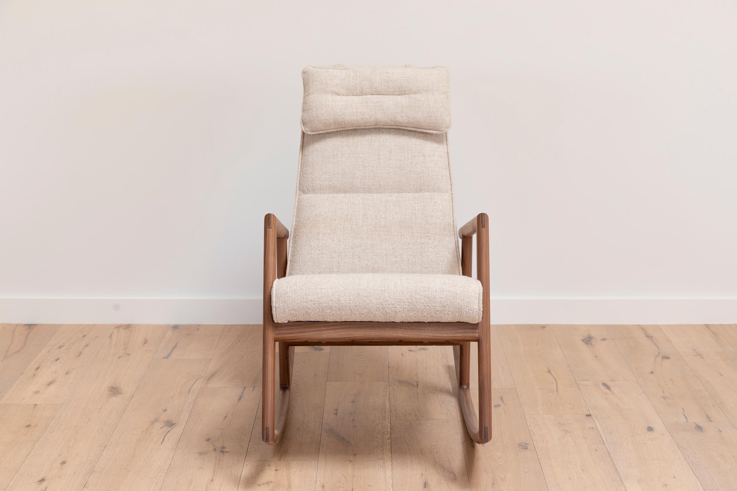 Lacquered Earl Walnut, Ivory Textured Linen Moresby Rocking Chair For Sale