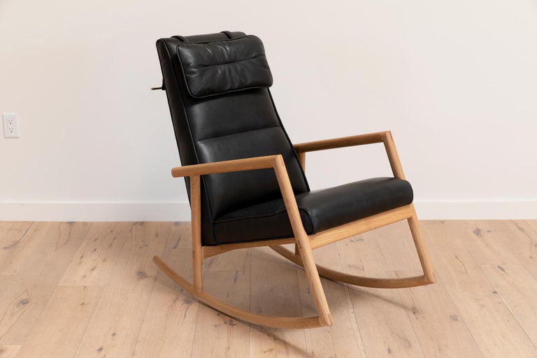 Earl White Oak, Black Leather Moresby Rocking Chair In New Condition For Sale In North Hollywood, CA