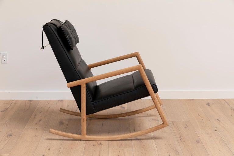 Contemporary Earl White Oak, Black Leather Moresby Rocking Chair For Sale